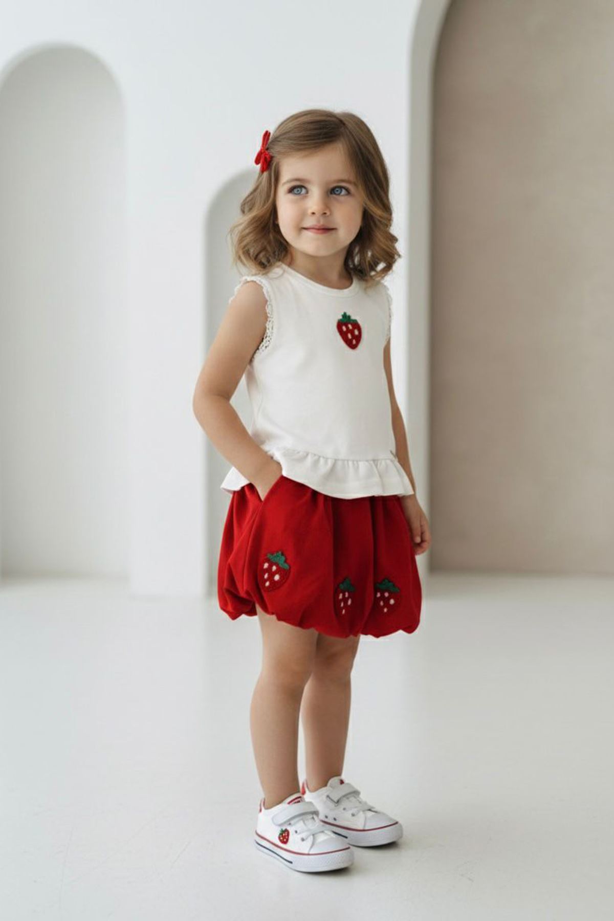 Miniğimin Cicileri Çilek Detaylı Balon Etekli Kız Bebek 2 li Takım - Kırmızı