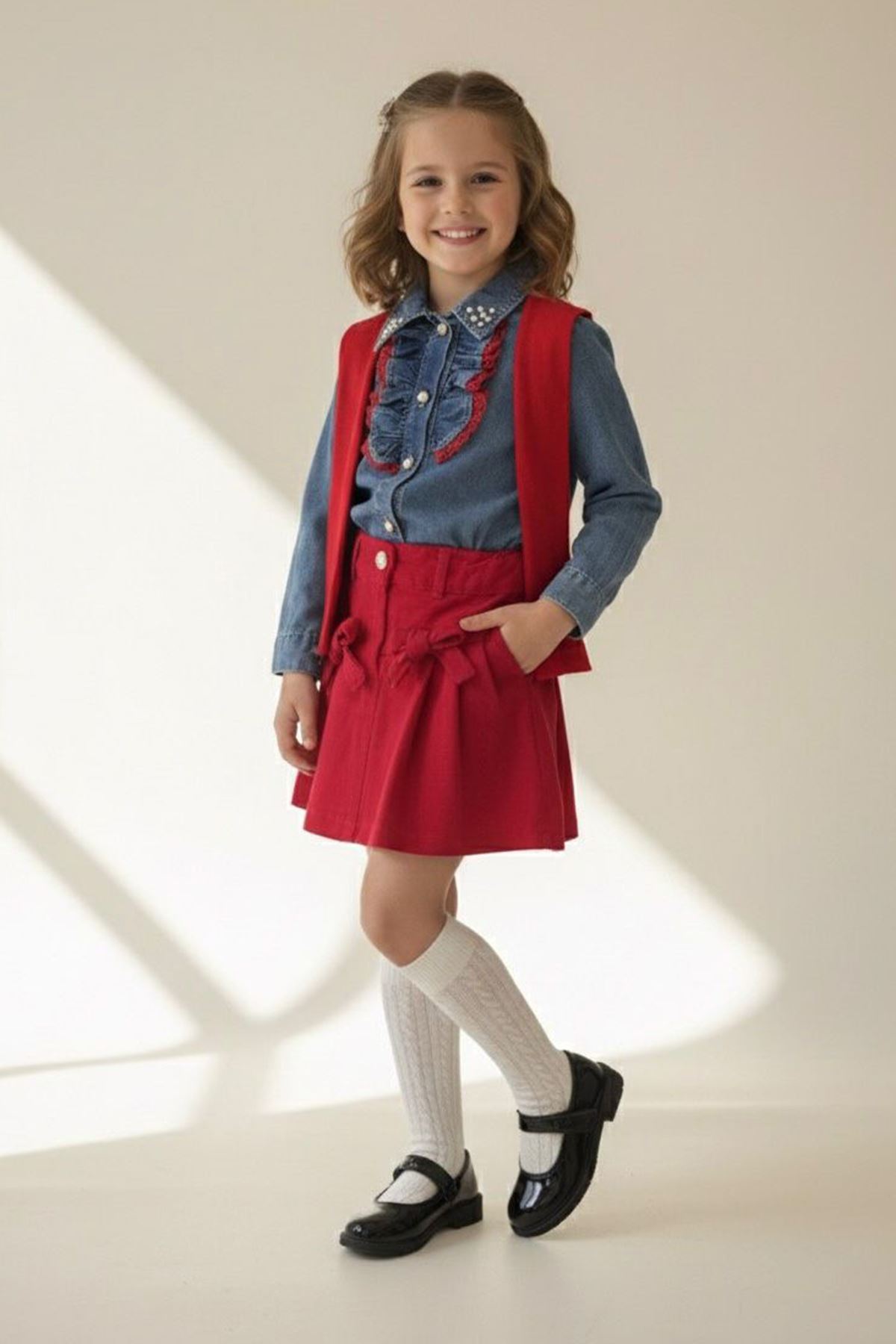 Miniğimin Cicileri İnci Detaylı Kot Gömlek ve Pileli Etek 2 li Kız Takımı - Kırmızı