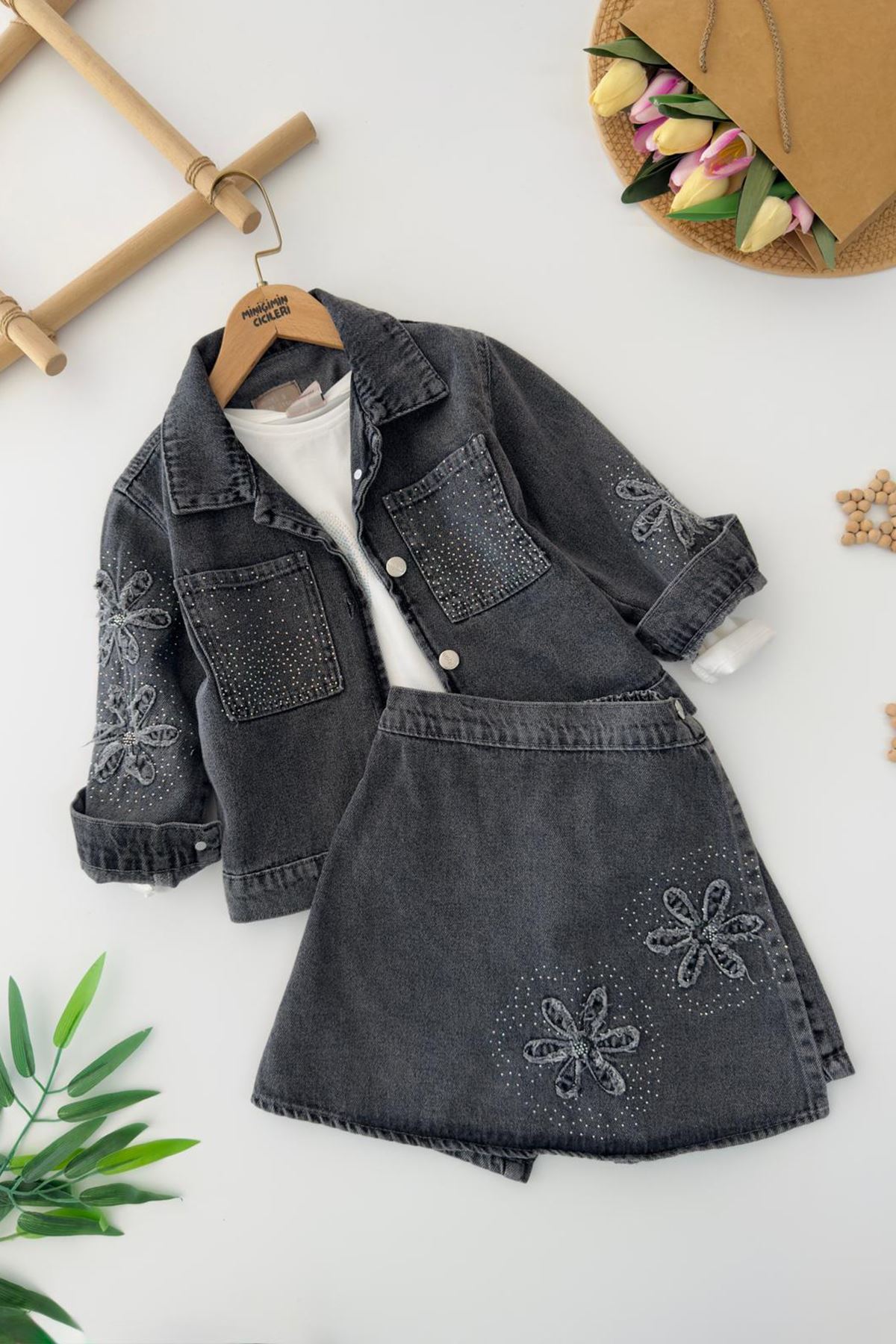 Miniğimin Cicileri Papatya Nakışlı Kot Ceketli Etekli Kız Çocuk 3’lü Jean Takım - Füme