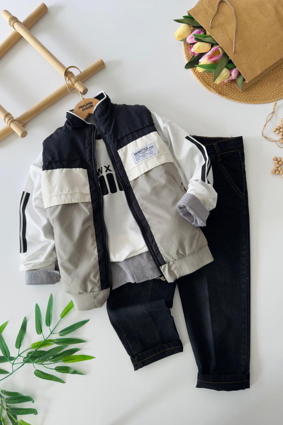 Miniğimin Cicileri Newstyle Kapitone Şişme Yelekli Sweatshirtlü Erkek Çocuk 4’lü Kombin Takım - Gri