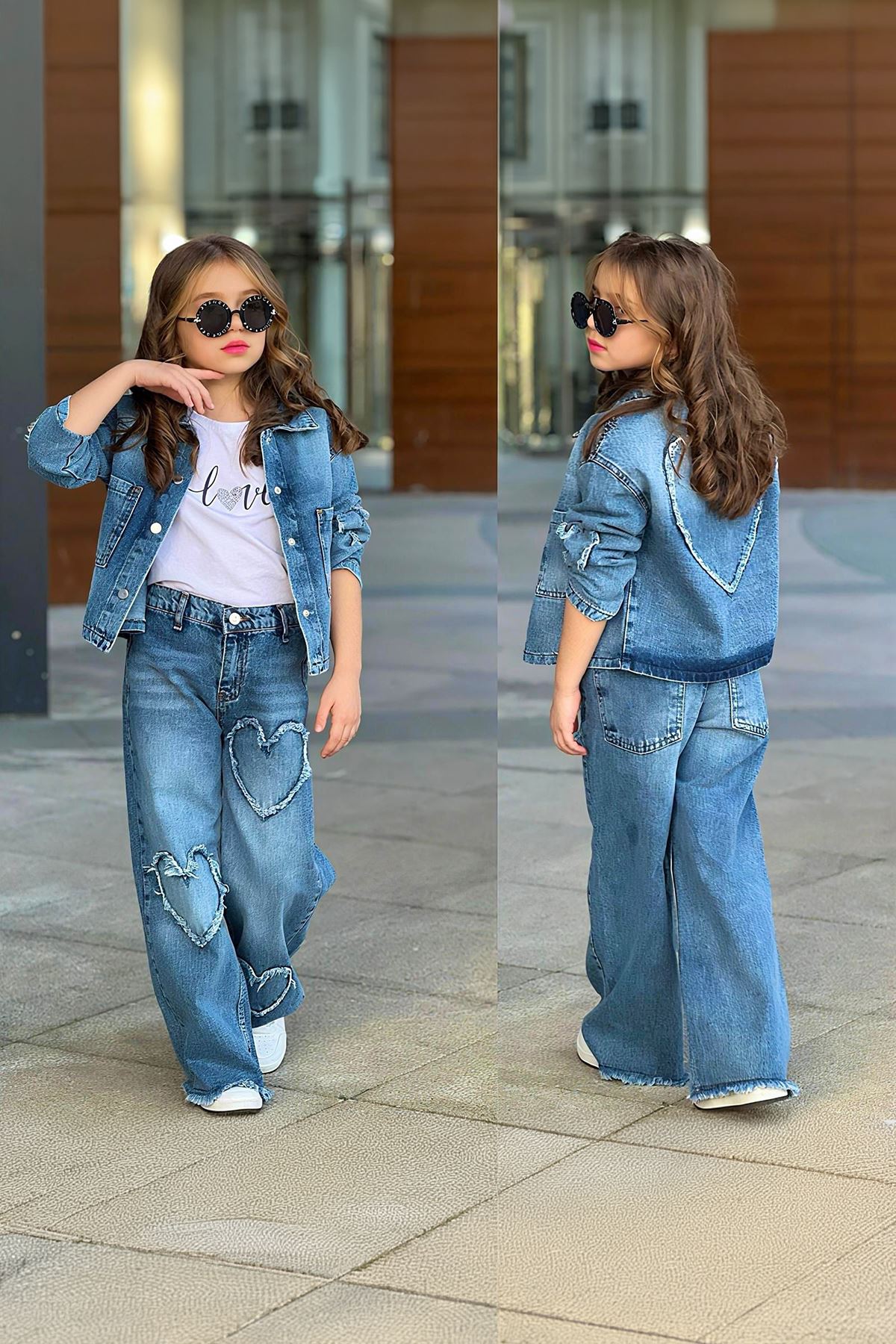 Miniğimin Cicileri Kalp Nakışlı Kot Ceketli Kız Çocuk 3’lü Takım - Mavi