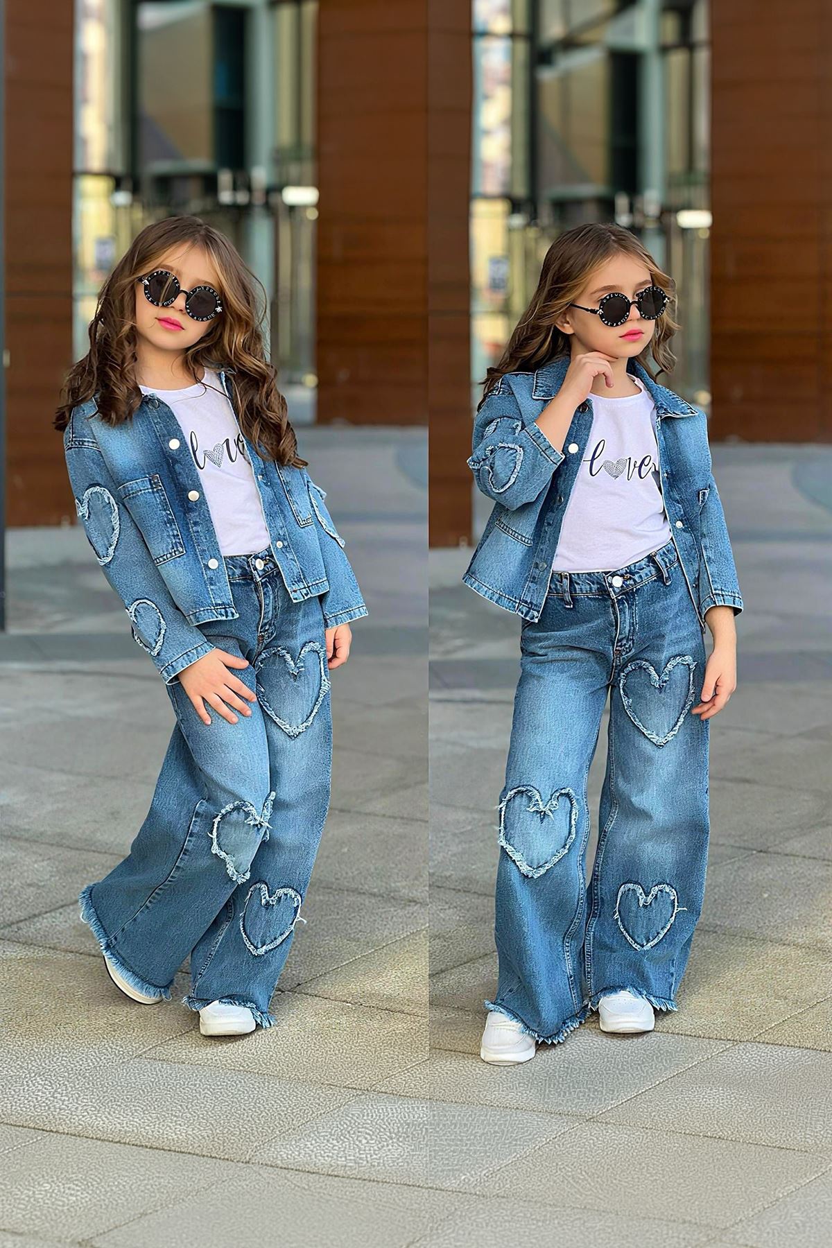 Miniğimin Cicileri Kalp Nakışlı Kot Ceketli Kız Çocuk 3’lü Takım - Mavi