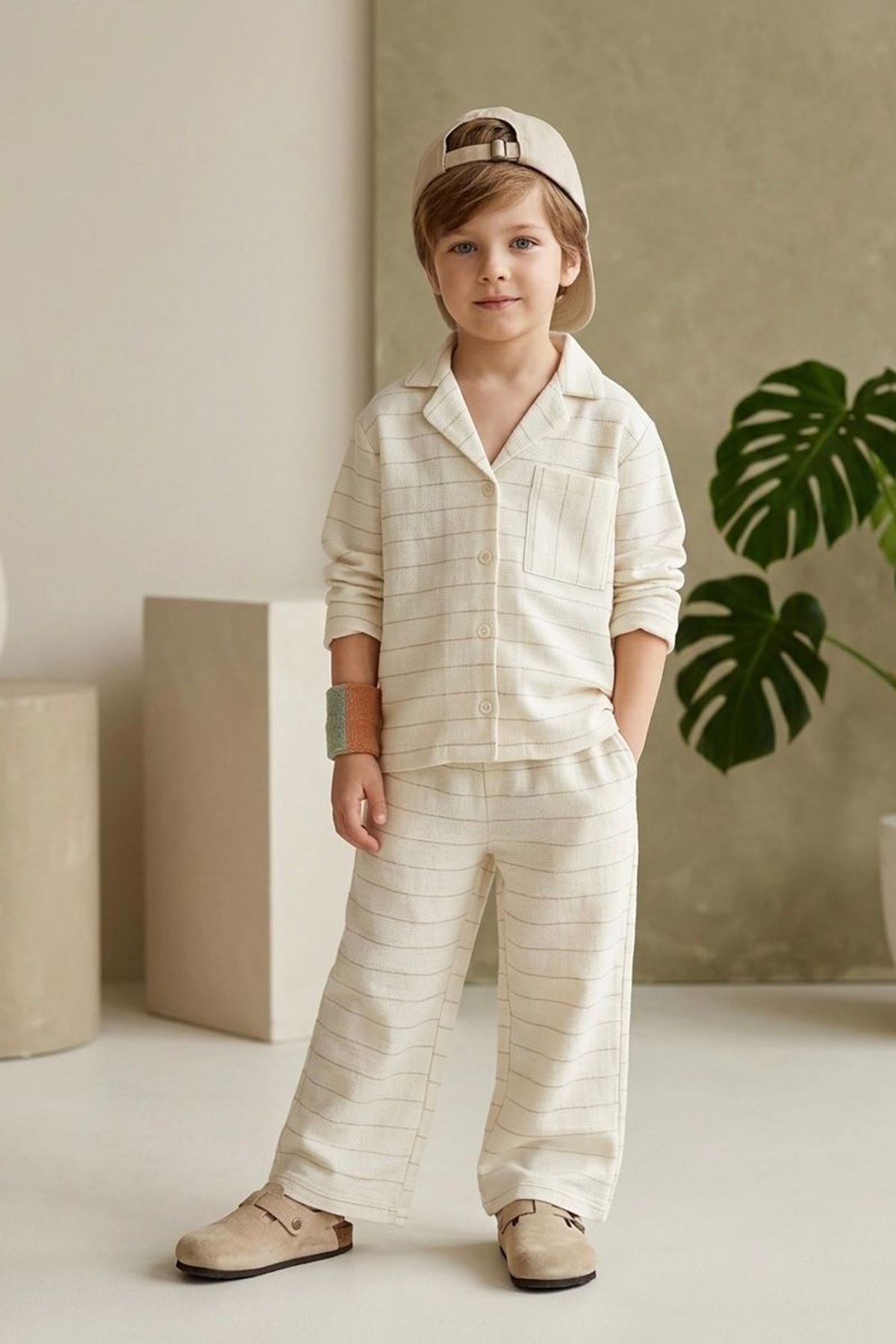 Miniğimin Cicileri Keten Çizgili Erkek Çocuk 2 li Takım - Krem