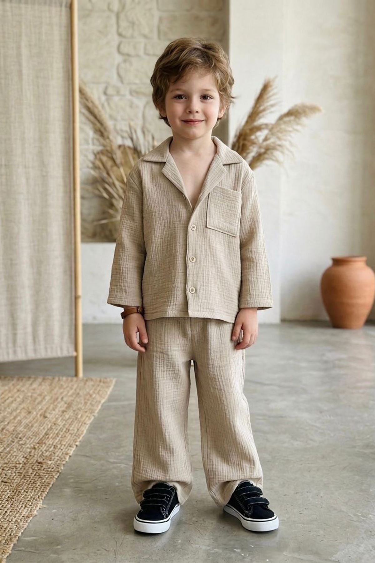 Miniğimin Cicileri Müslin Gömlek Yakalı Basic Pantolonlu Erkek Çocuk 2’li Takım - Bej