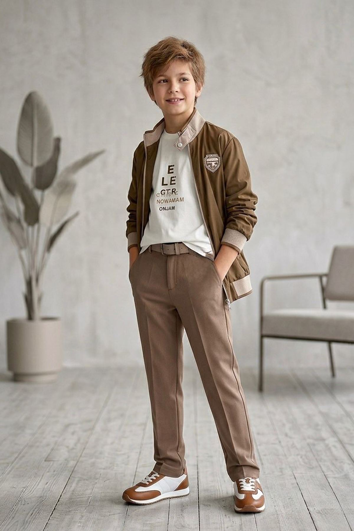 Miniğimin Cicileri Çift Taraflı Nova Kumaş Armalı Ceketli Erkek Çocuk 3’lü Kombin Takım - Bej