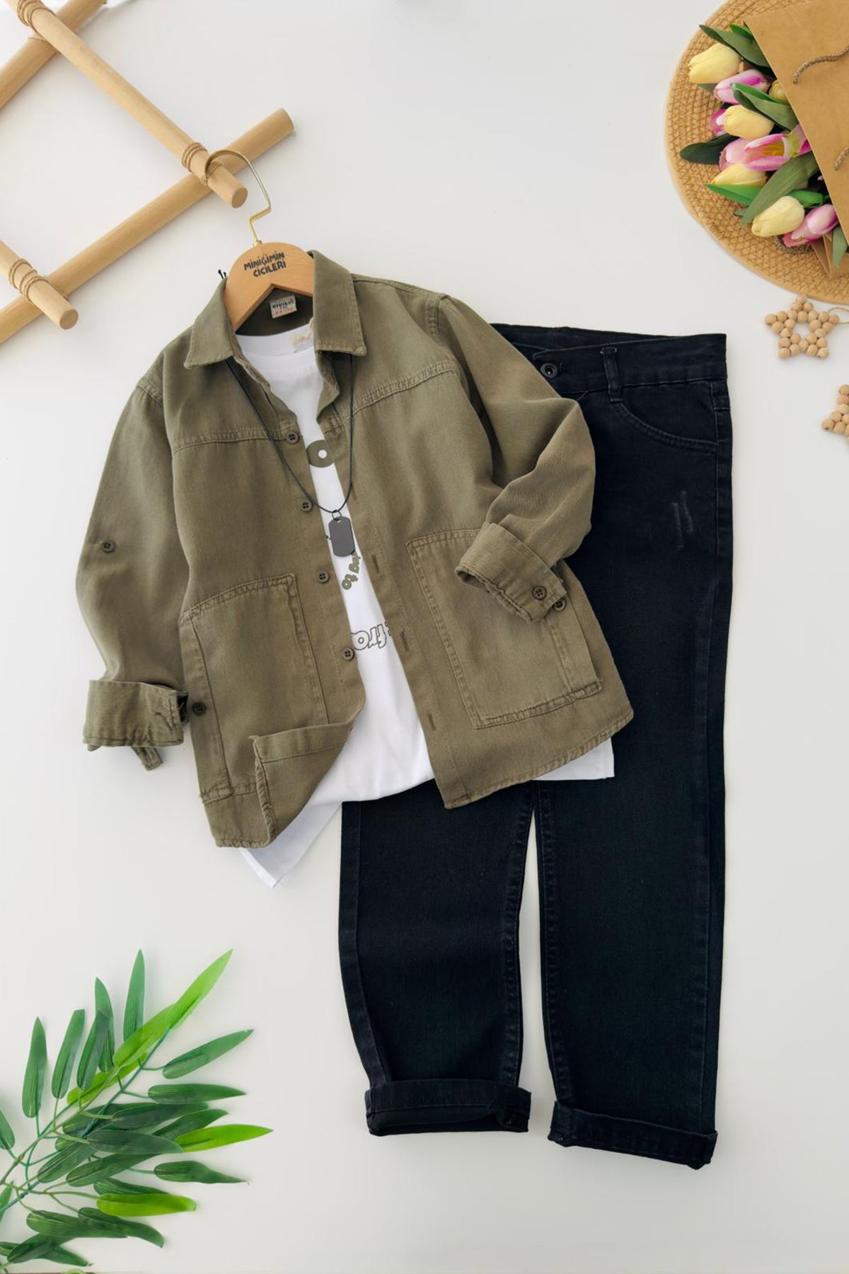 Miniğimin Cicileri Kolyeli Gömlekli 4 lü Erkek Çocuk Takım - Yeşil