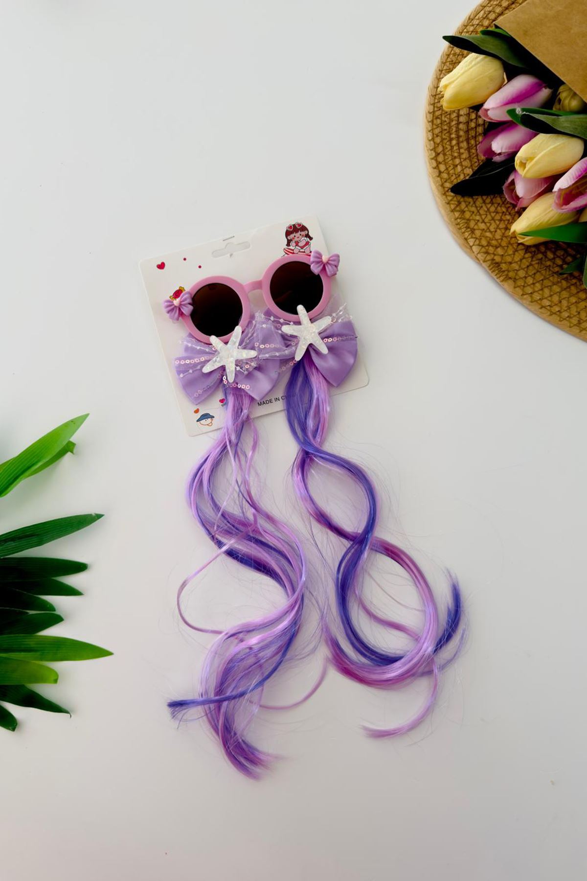 Miniğimin Cicileri Postiş Saç Tokalı Güneş Gözlüklü 3 parça Toka Seti - Mor
