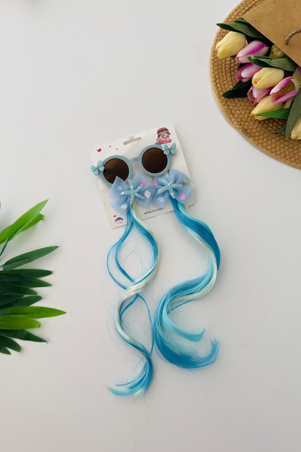 Miniğimin Cicileri Postiş Saç Tokalı Güneş Gözlüklü 3 parça Toka Seti - Mavi