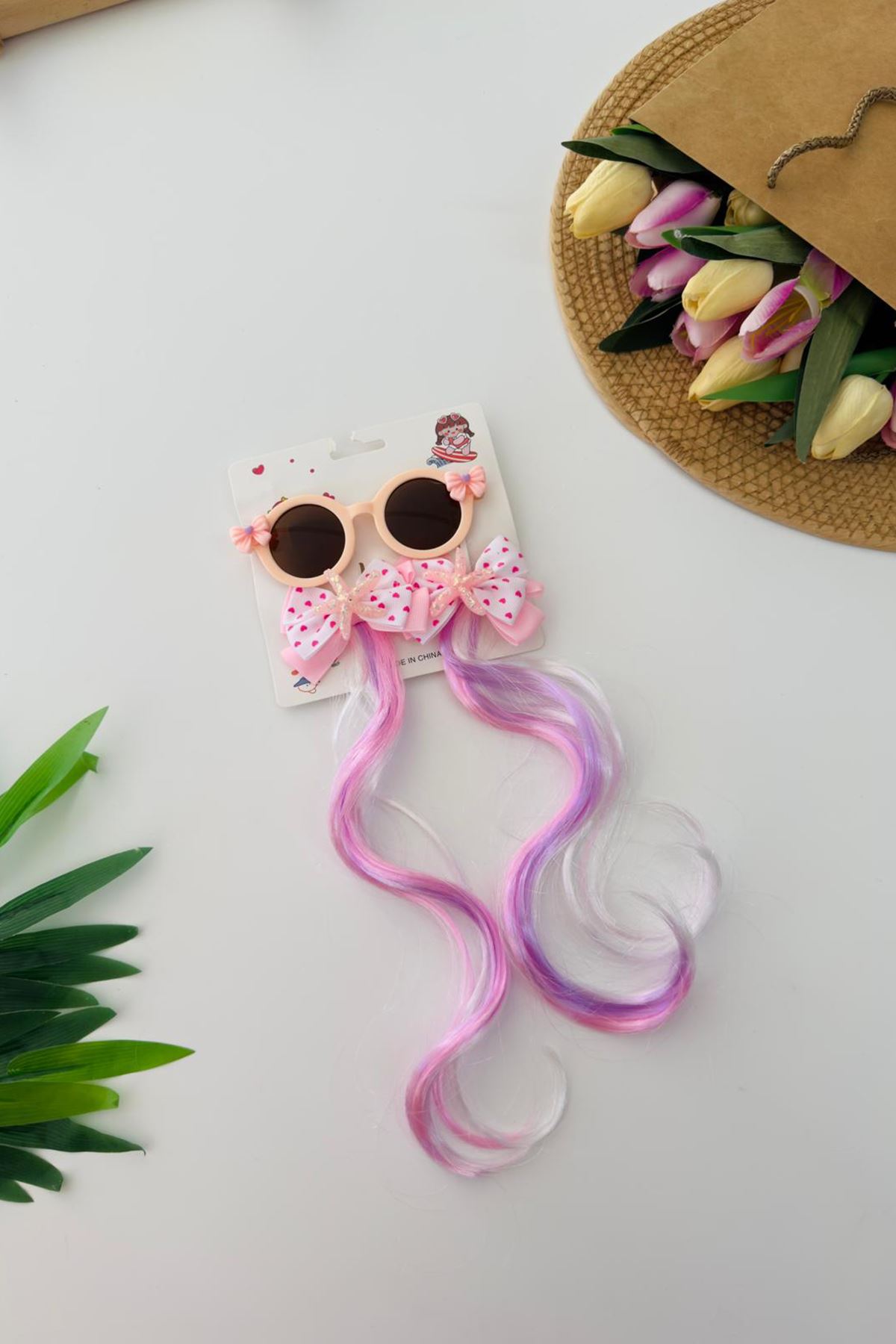 Miniğimin Cicileri Postiş Saç Tokalı Güneş Gözlüklü 3 parça Toka Seti - Somon