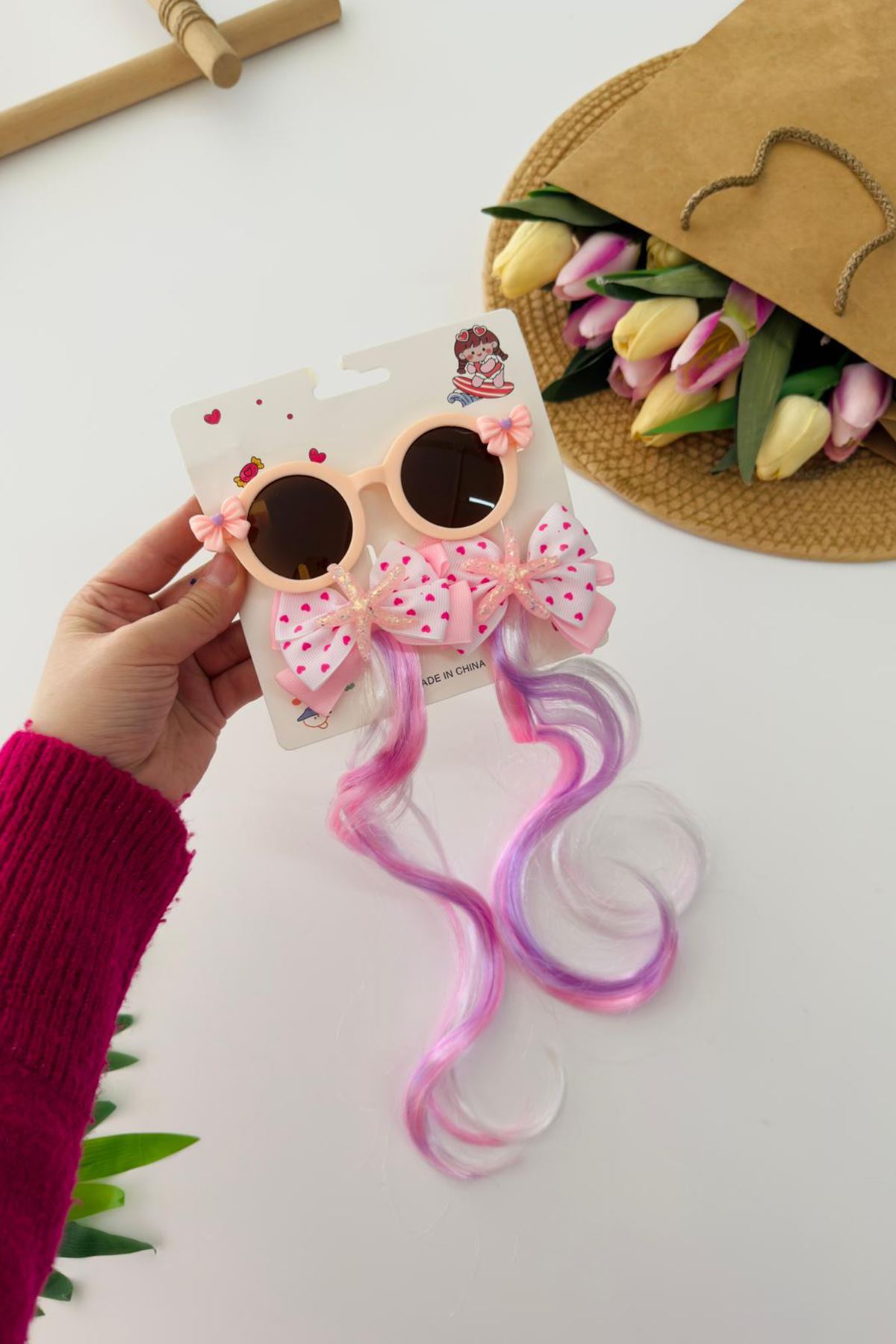 Miniğimin Cicileri Postiş Saç Tokalı Güneş Gözlüklü 3 parça Toka Seti - Somon