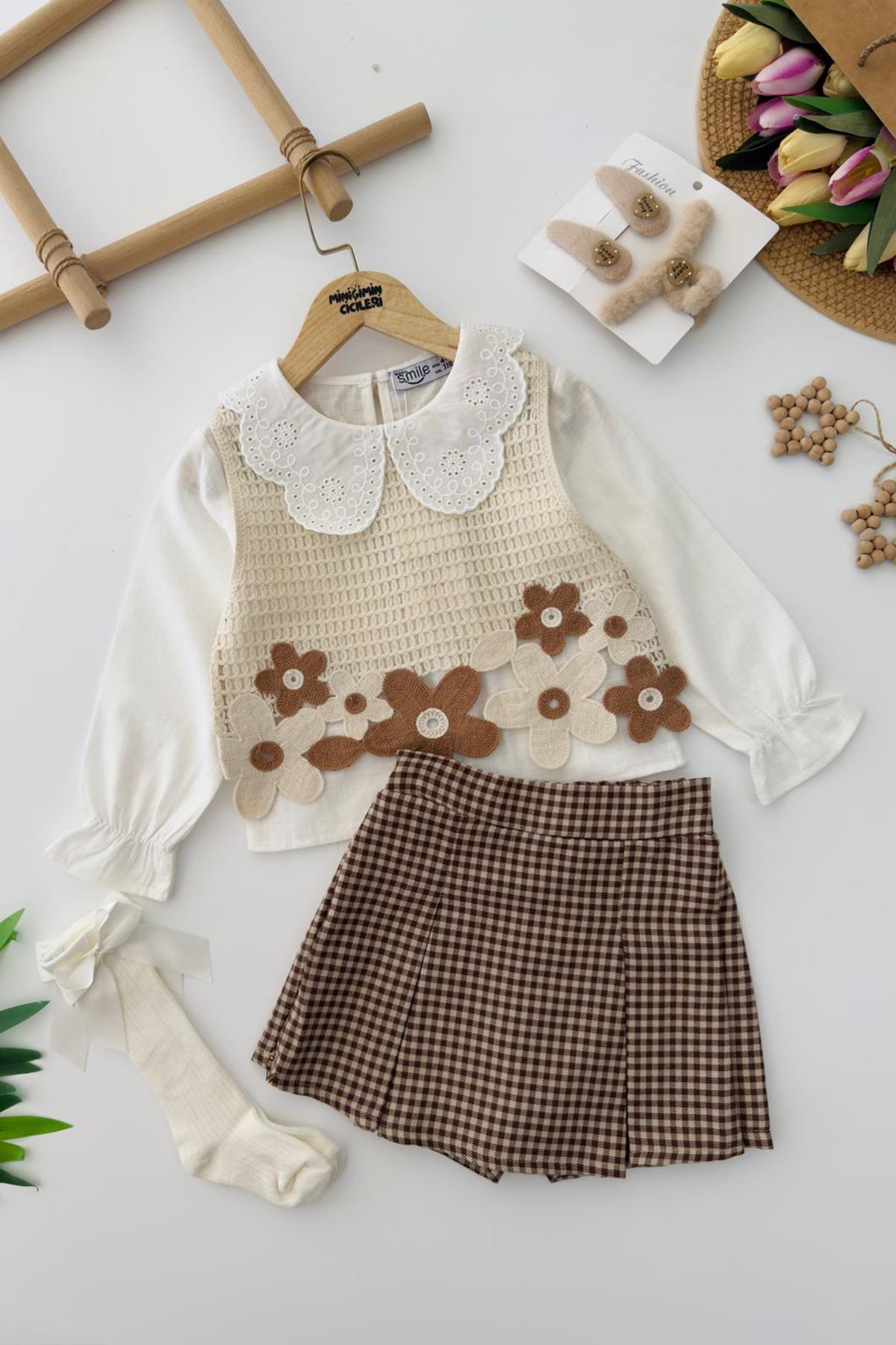 Miniğimin Cicileri Papatya Detaylı Süveterli Kız Çocuk 3 lü Takım - Kahverengi