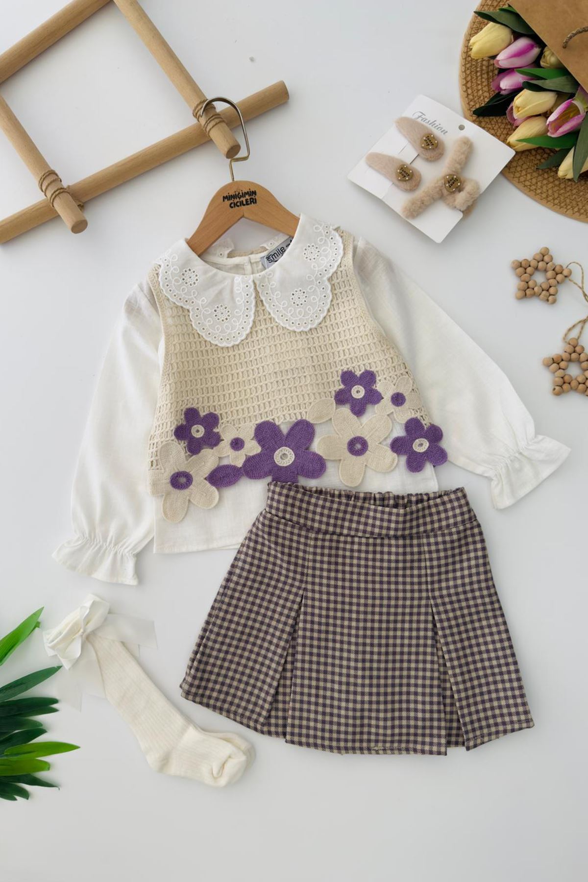 Miniğimin Cicileri Papatya Detaylı Süveterli Kız Çocuk 3 lü Takım - Lila