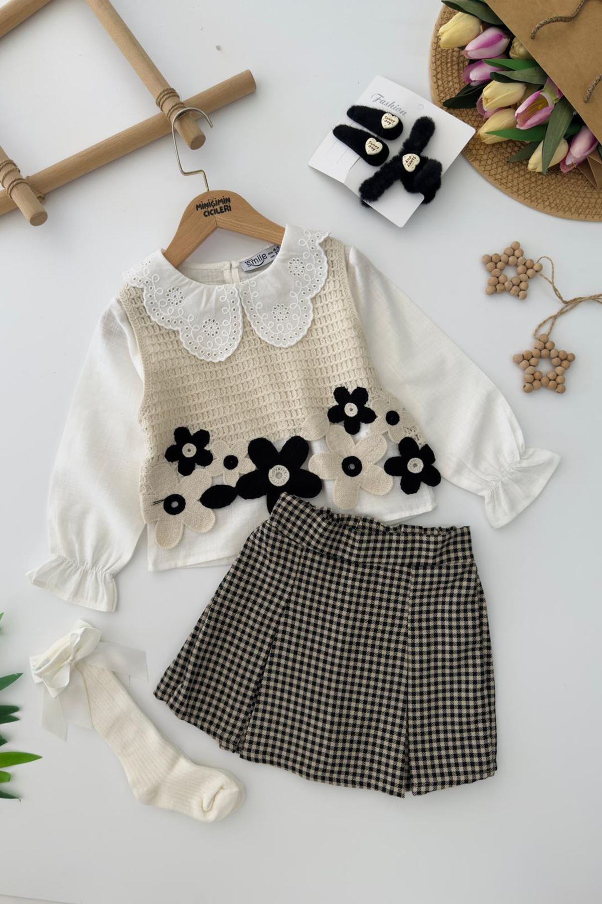 Miniğimin Cicileri Papatya Detaylı Süveterli Kız Çocuk 3 lü Takım - Siyah