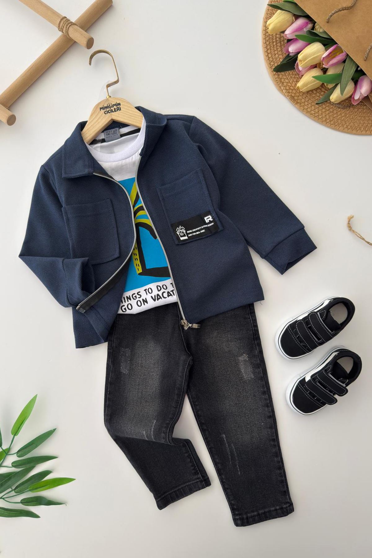 Miniğimin Cicileri Çift Cepli Ceketli Kotlu Erkek Çocuk 3 lü Takım - Lacivert