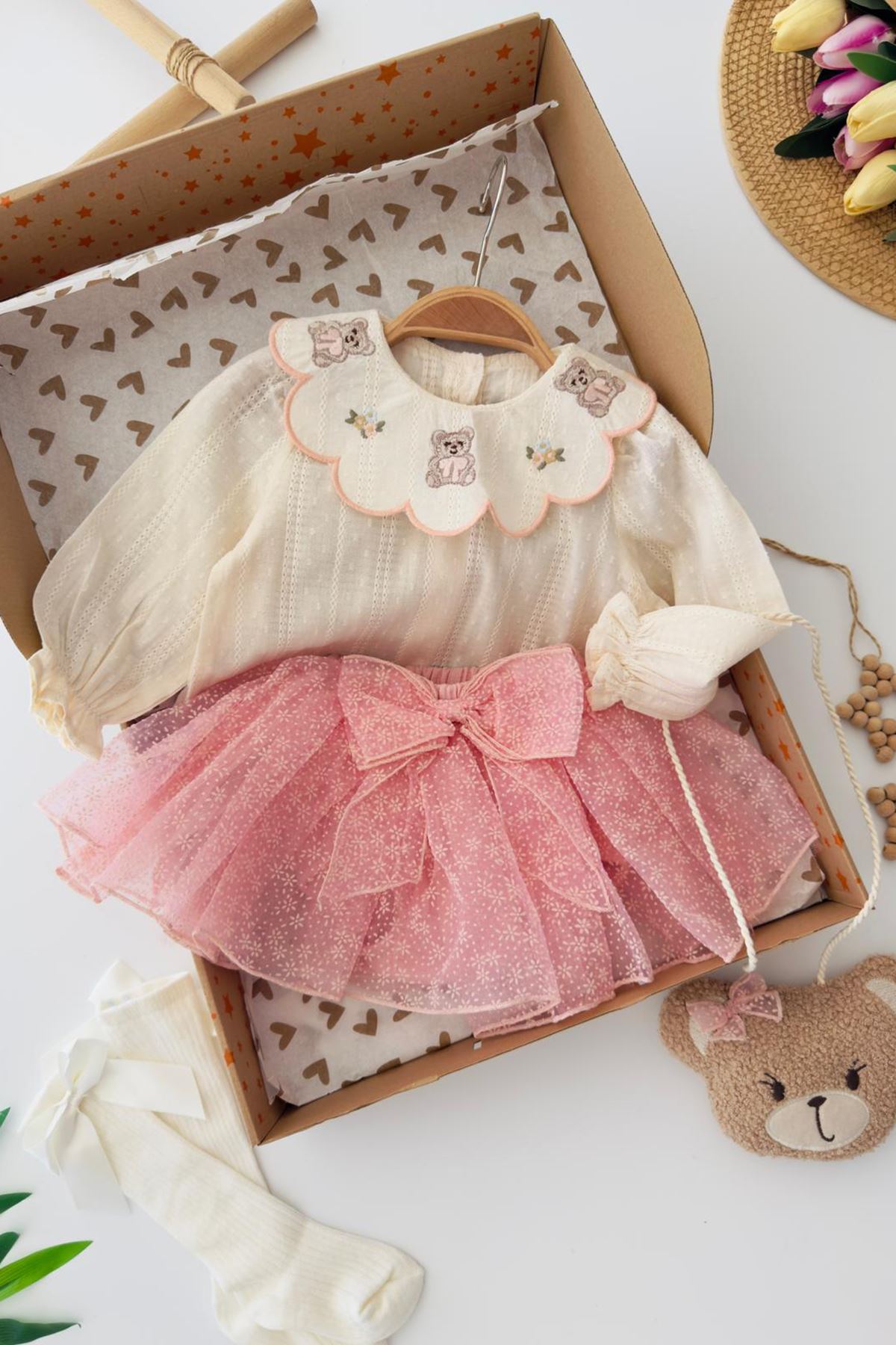 Miniğimin Cicileri Aycık Çantalı Kız Bebek 3 lü Tüllü Takım - Pudra