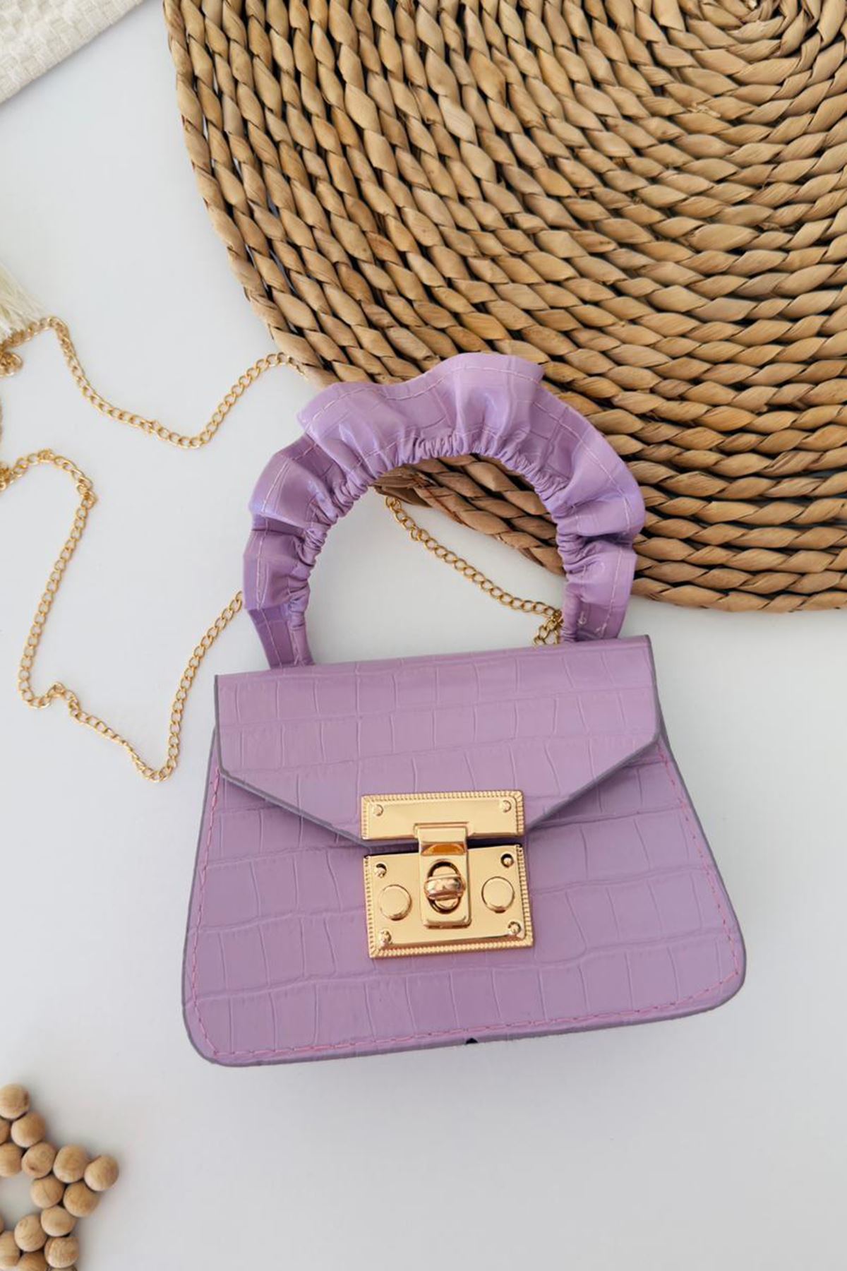 Miniğimin Cicileri Deri Görünümlü Kroko Desenli Çocuk Çapraz Çanta - Lila