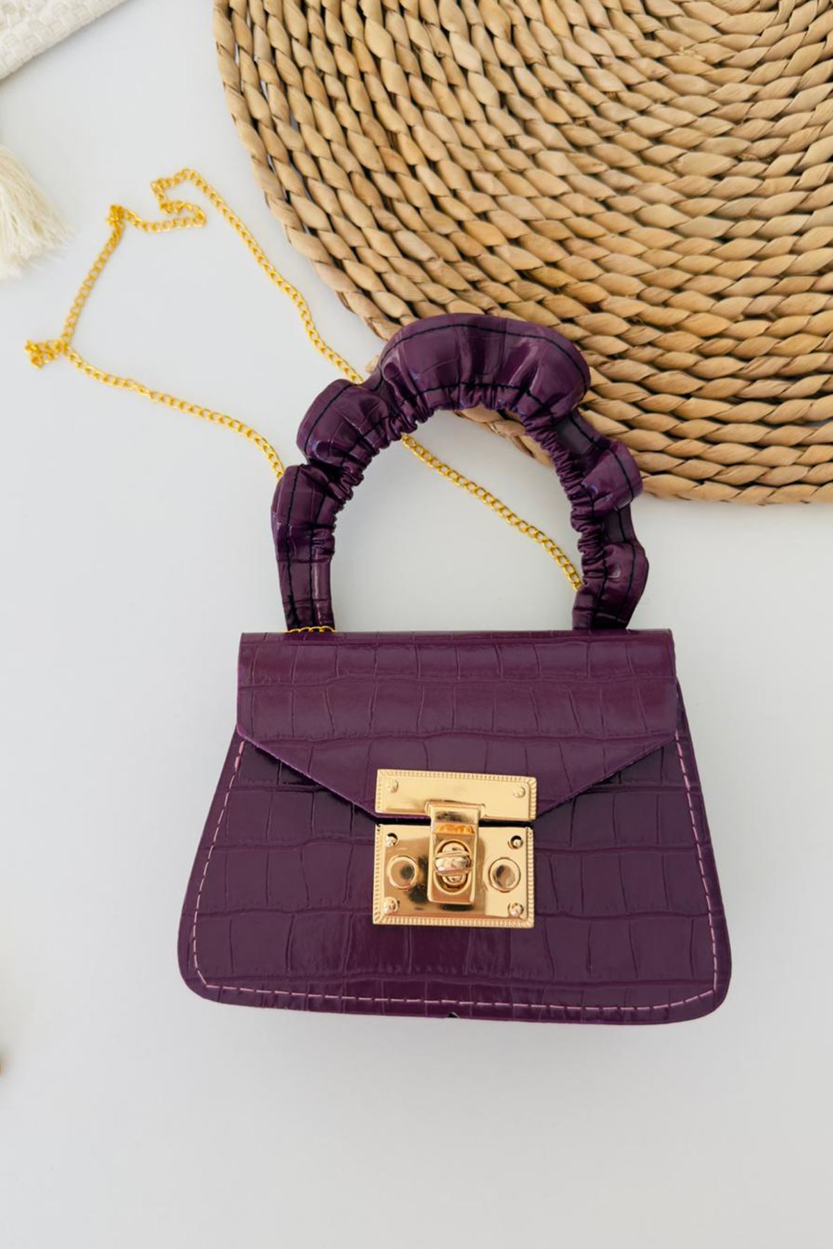 Miniğimin Cicileri Deri Görünümlü Kroko Desenli Çocuk Çapraz Çanta - Mor