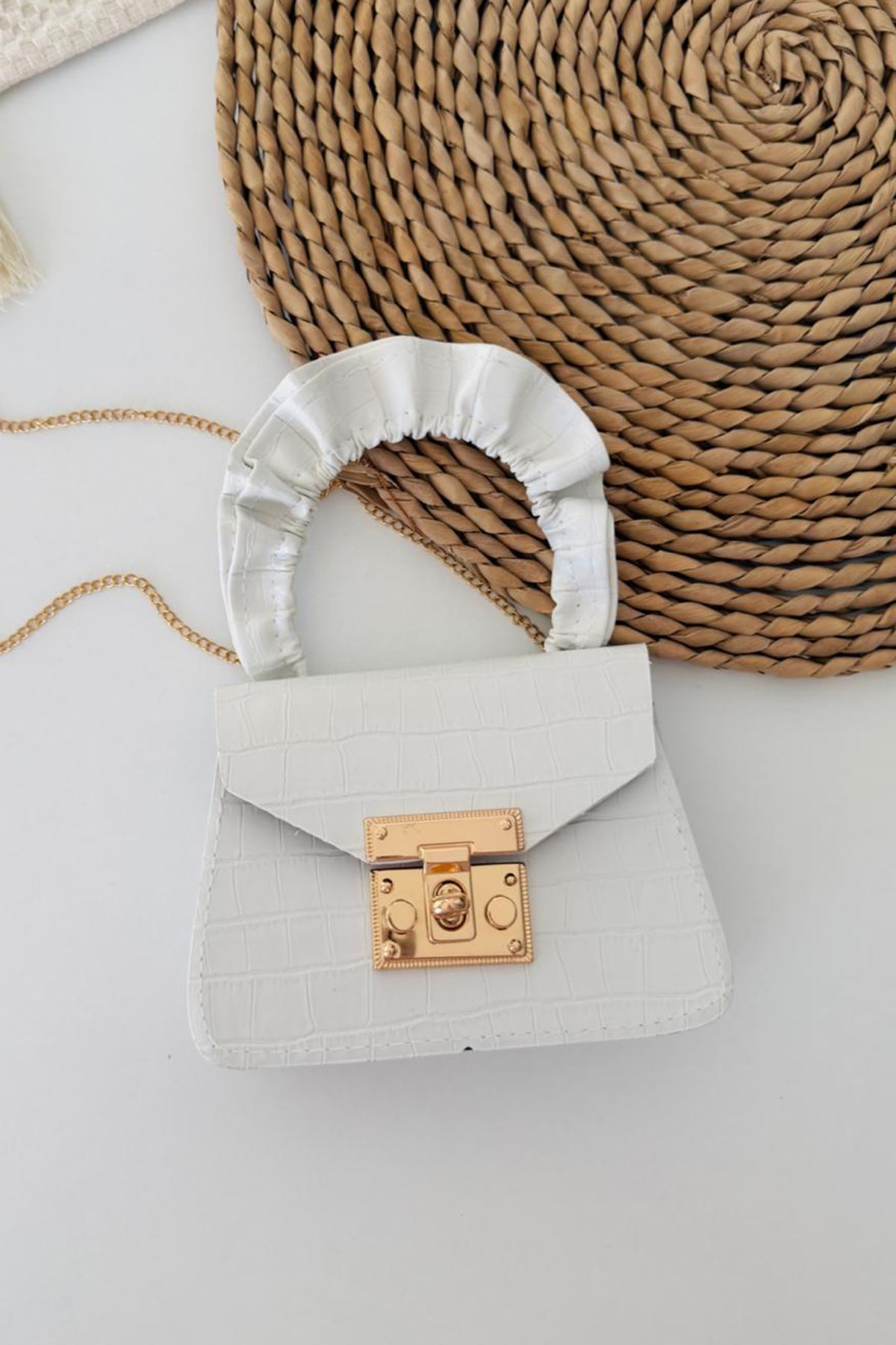 Miniğimin Cicileri Deri Görünümlü Kroko Desenli Çocuk Çapraz Çanta - Beyaz