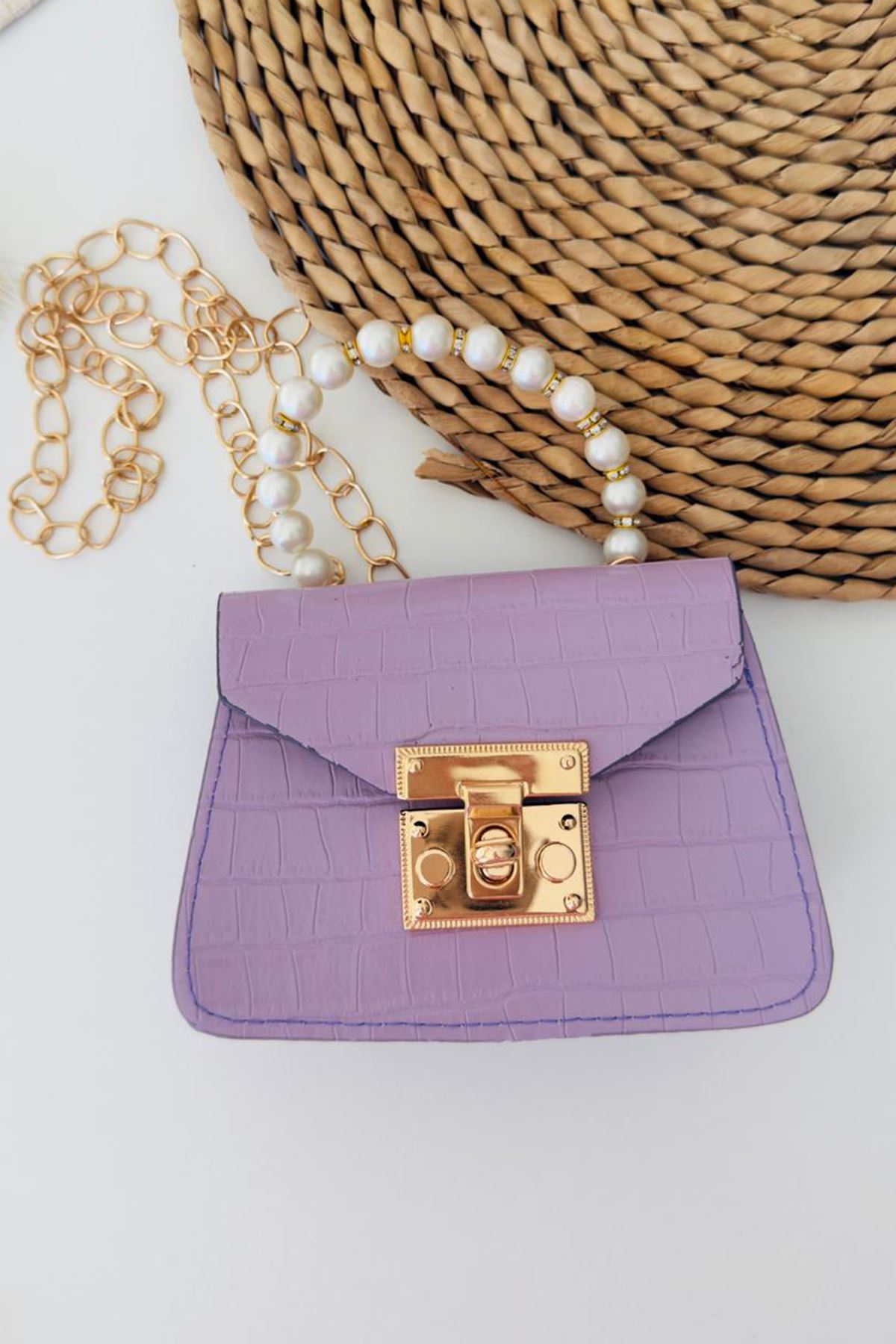 Miniğimin Cicileri Boncuklu Deri Görünümlü Kroko Desenli Çocuk Çapraz Çanta - Lila