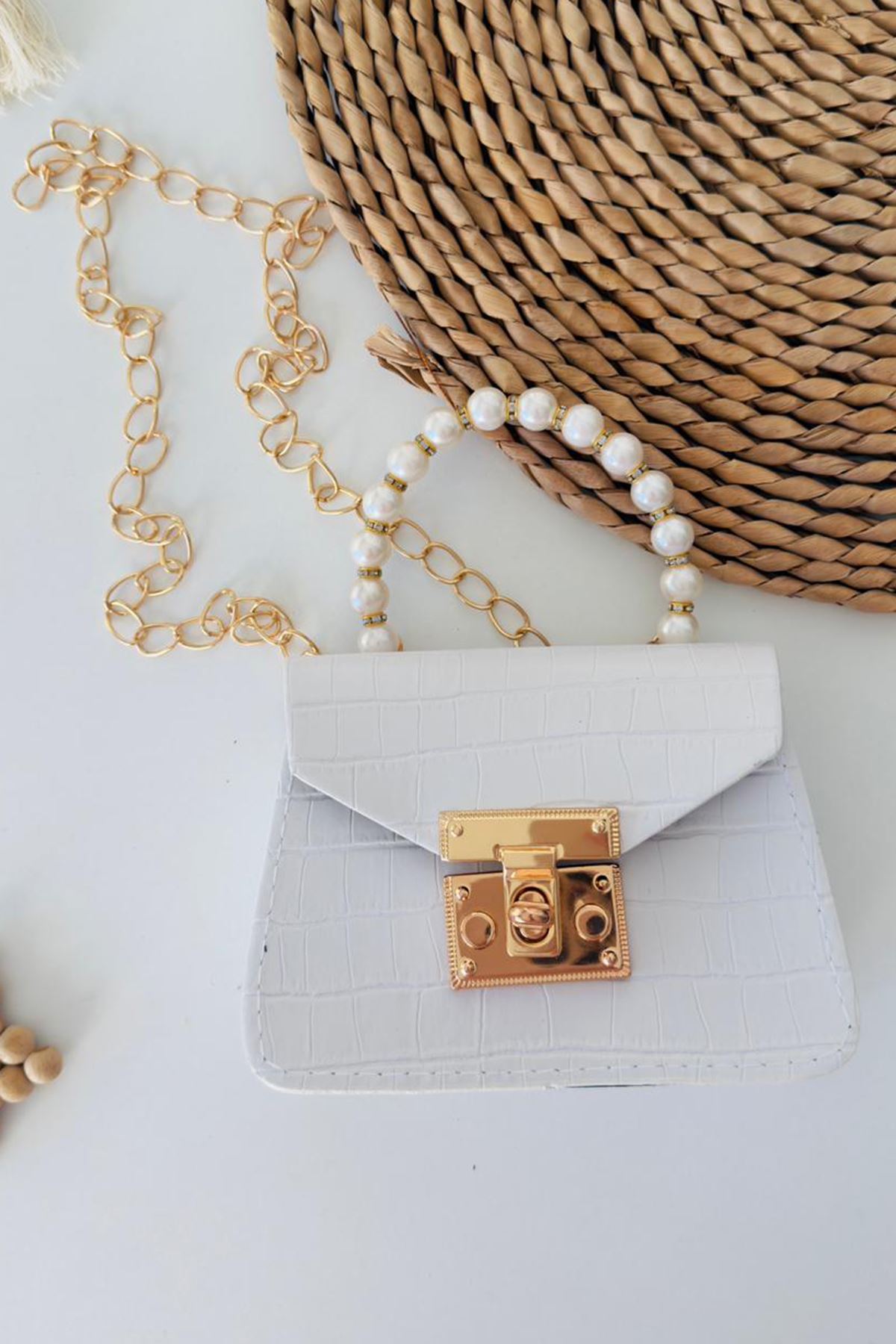 Miniğimin Cicileri Boncuklu Deri Görünümlü Kroko Desenli Çocuk Çapraz Çanta - Beyaz