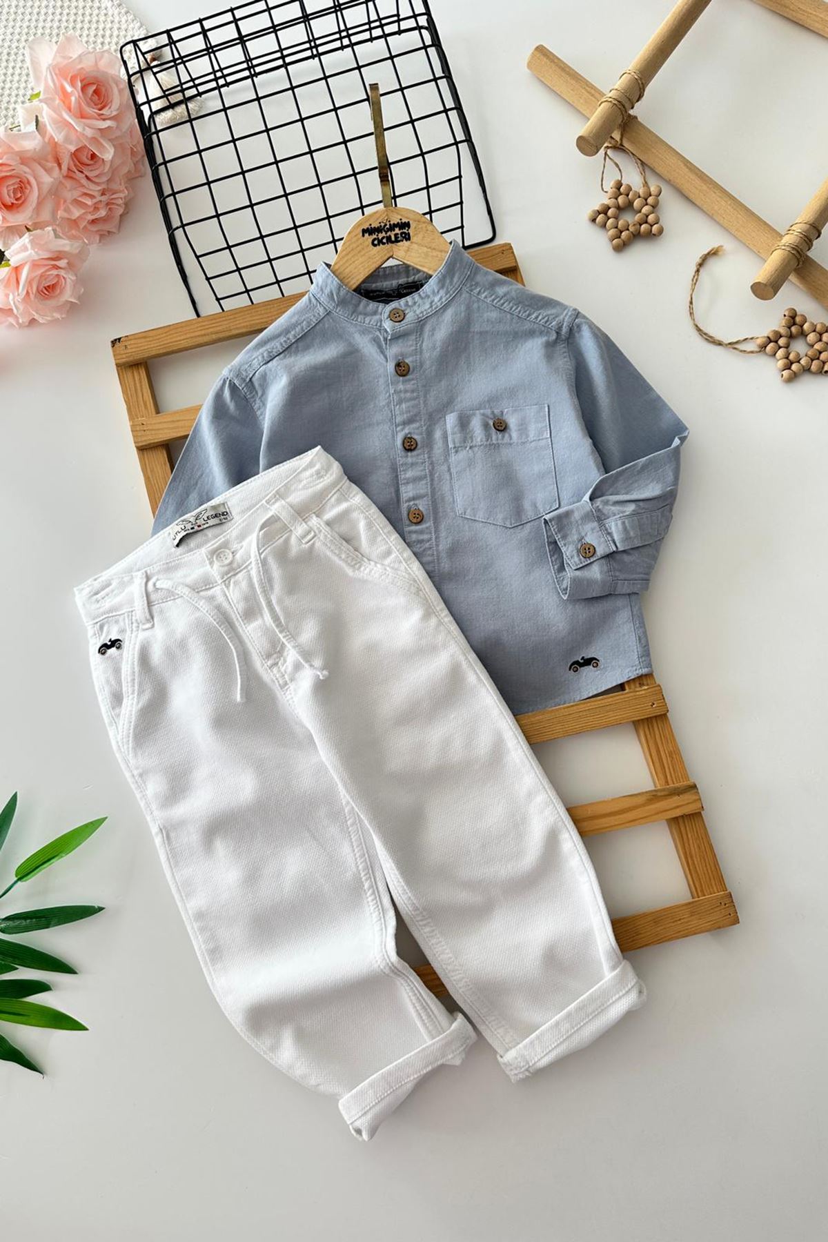 Miniğimin Cicileri Modern Hakim Yaka Gömlekli Erkek Çocuk 2 li Takım - Buz Mavisi