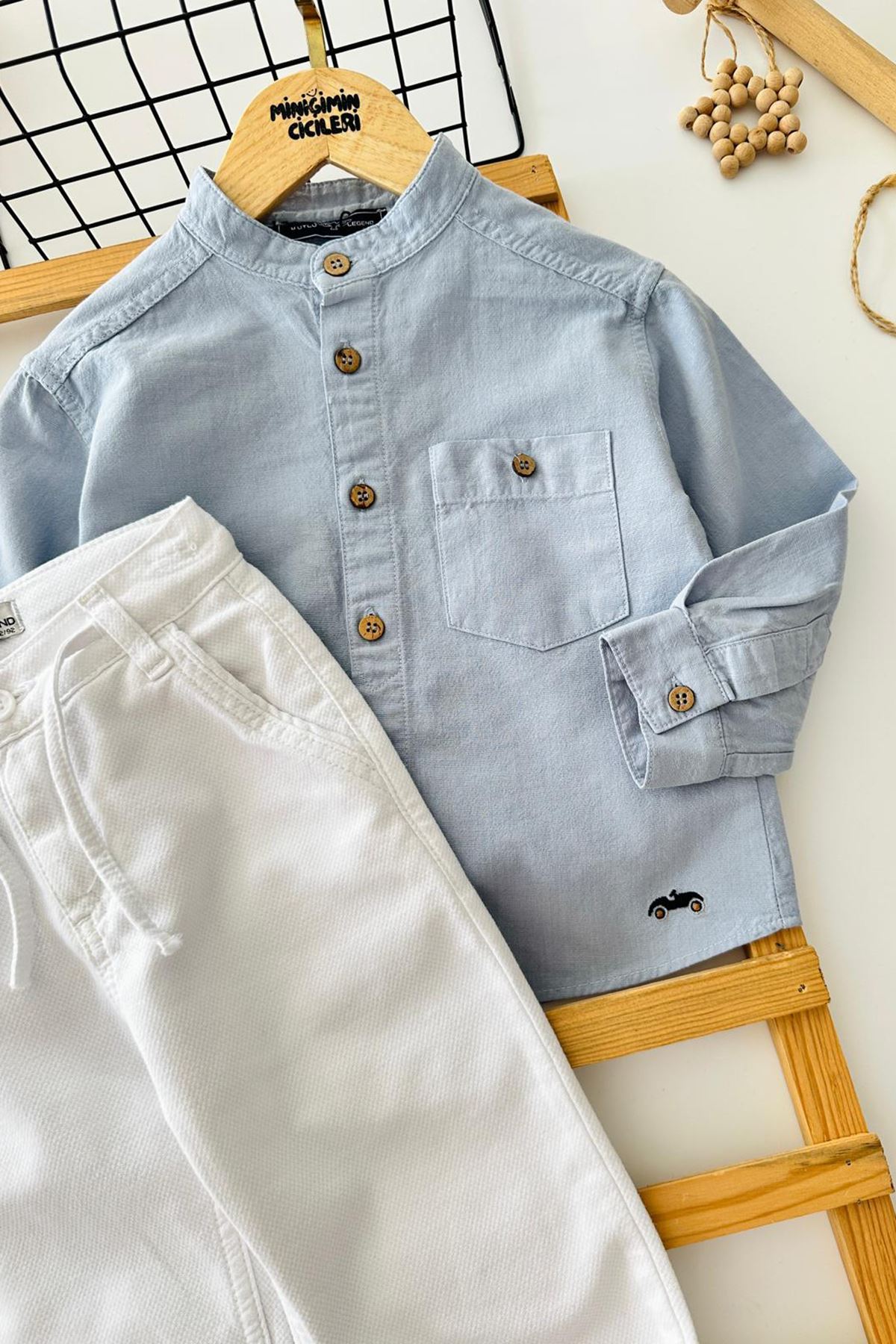Miniğimin Cicileri Modern Hakim Yaka Gömlekli Erkek Çocuk 2 li Takım - Buz Mavisi