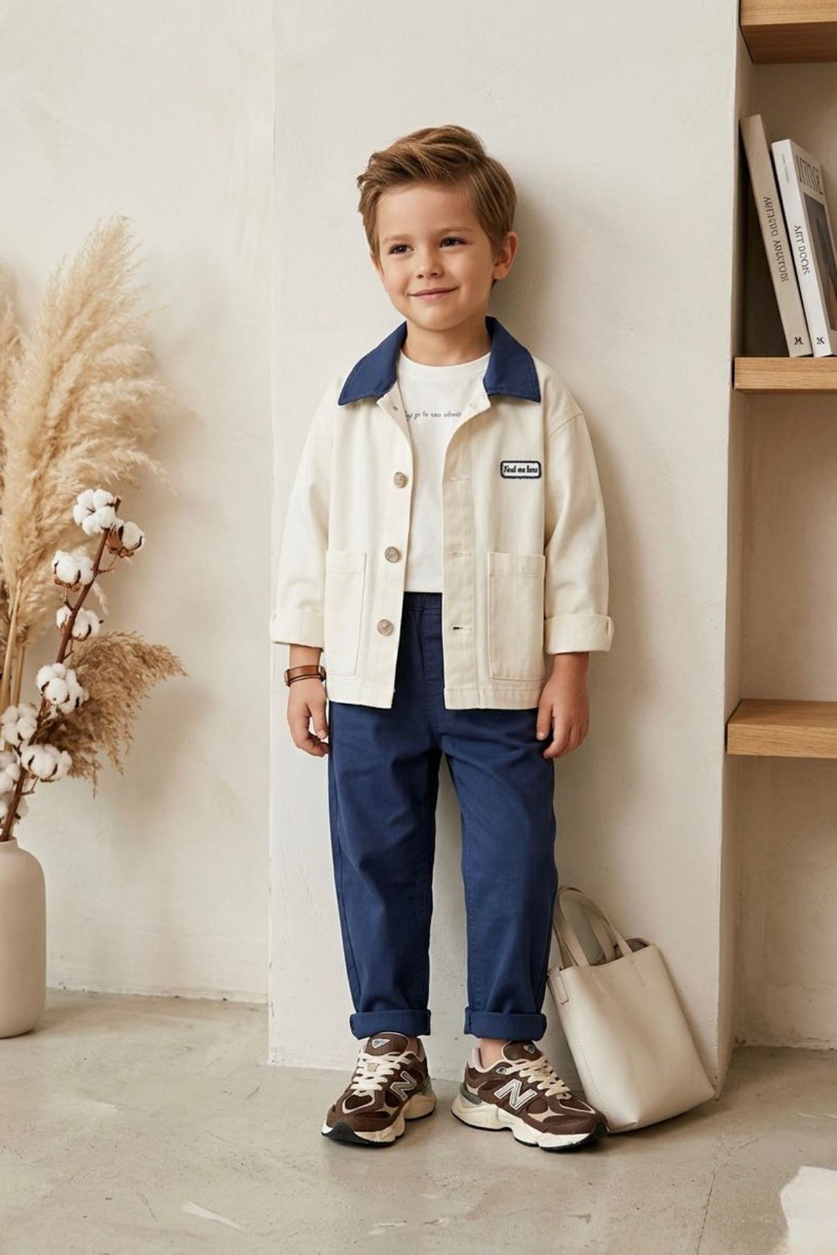 Miniğimin Cicileri Naturel Ceketli Basic Tişörtlü Erkek Çocuk 3’lü Kombin Takım - Mavi