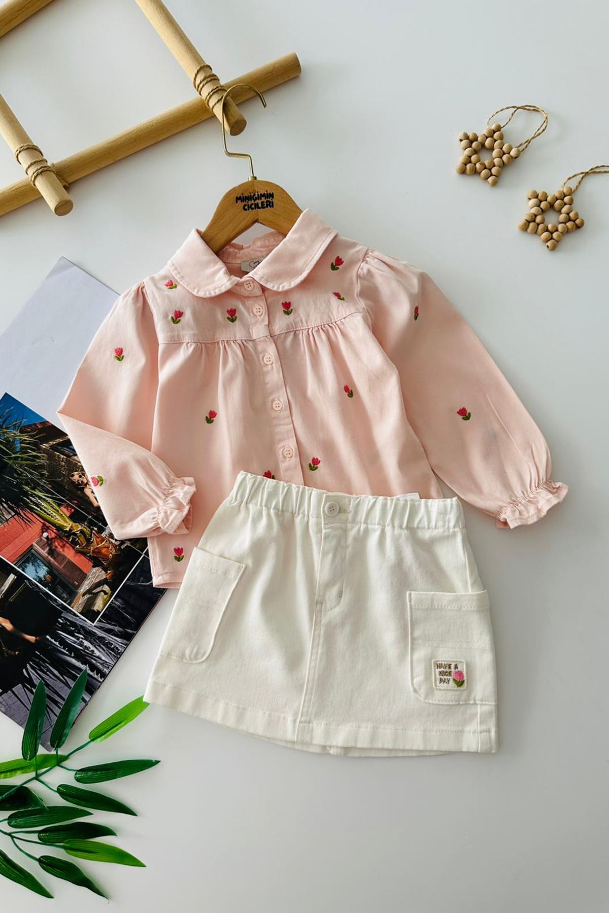 Miniğimin Cicileri Tencel Lale Nakışlı Gömlekli Kız Çocuk Etekli Takım - Pembe