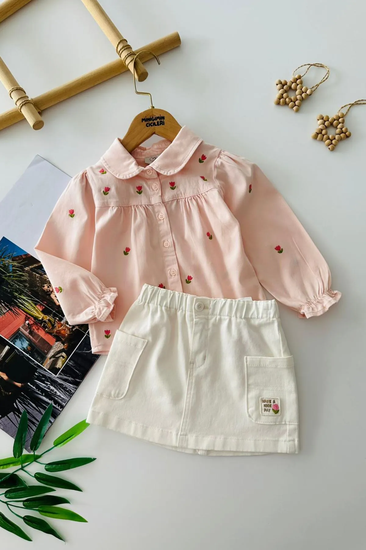 Miniğimin Cicileri Tencel Lale Nakışlı Gömlekli Kız Çocuk Etekli Takım - Pembe