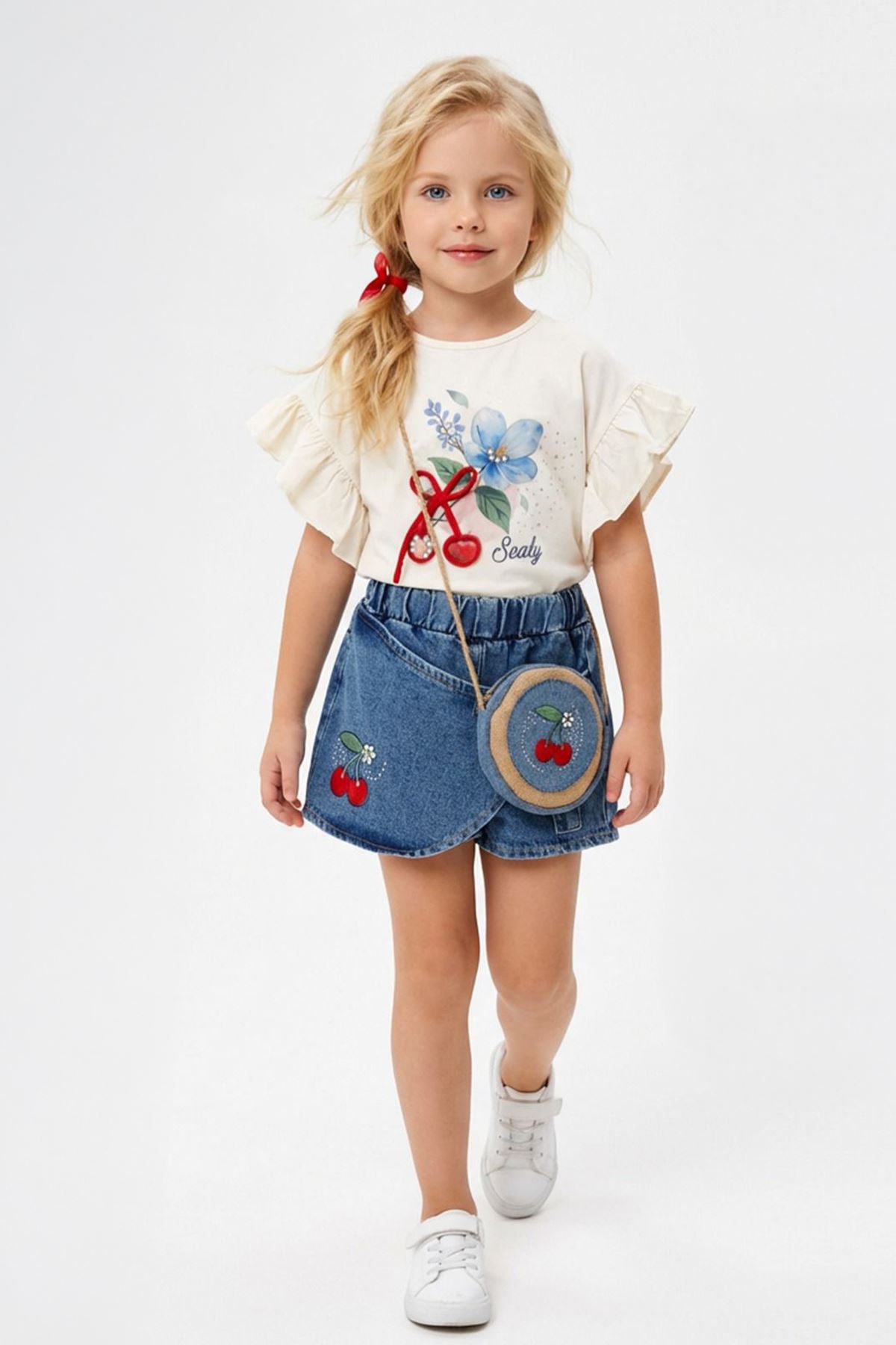 Miniğimin Cicileri Kiraz Nakışlı Kot Şortlu Çantalı Kız Çocuk 3’lü Yazlık Takım - Mavi