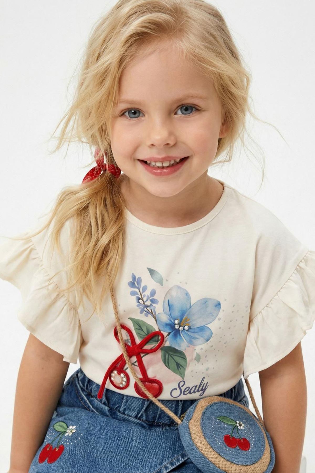 Miniğimin Cicileri Kiraz Nakışlı Kot Şortlu Çantalı Kız Çocuk 3’lü Yazlık Takım - Mavi