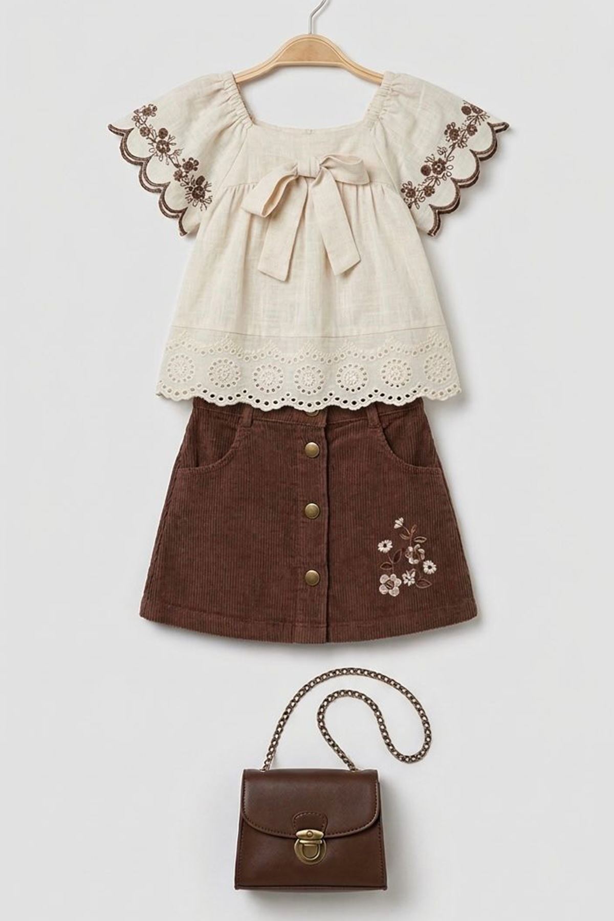 Miniğimin Cicileri Nakış Detaylı Fırfır Kollu Bluzlu Kadife Etekli Çantalı Kız Çocuk 3’lü Takım - Acı Kahve