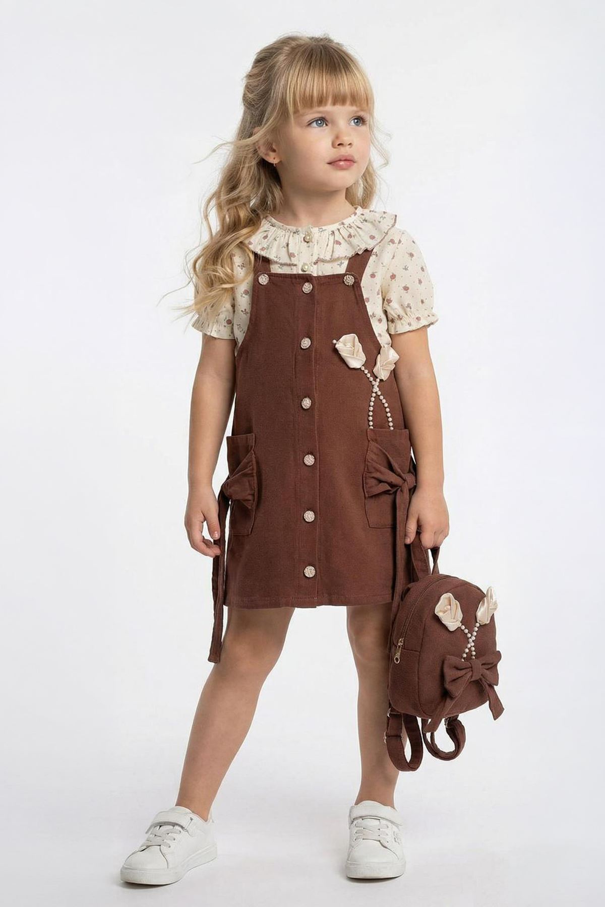 Miniğimin Cicileri Vintage Gül Detaylı Salopet Elbiseli Çantalı Kız Çocuk 3’lü Takım - Acı Kahve