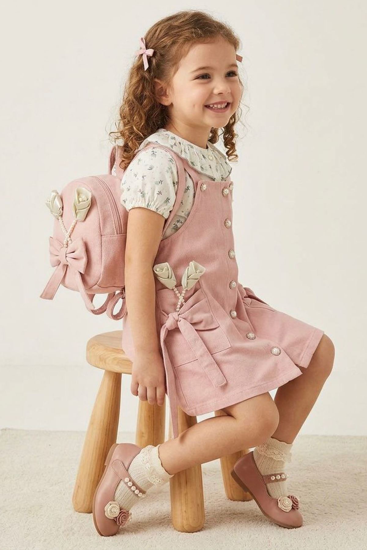 Miniğimin Cicileri Vintage Gül Detaylı Salopet Elbiseli Çantalı Kız Çocuk 3’lü Takım - Pudra