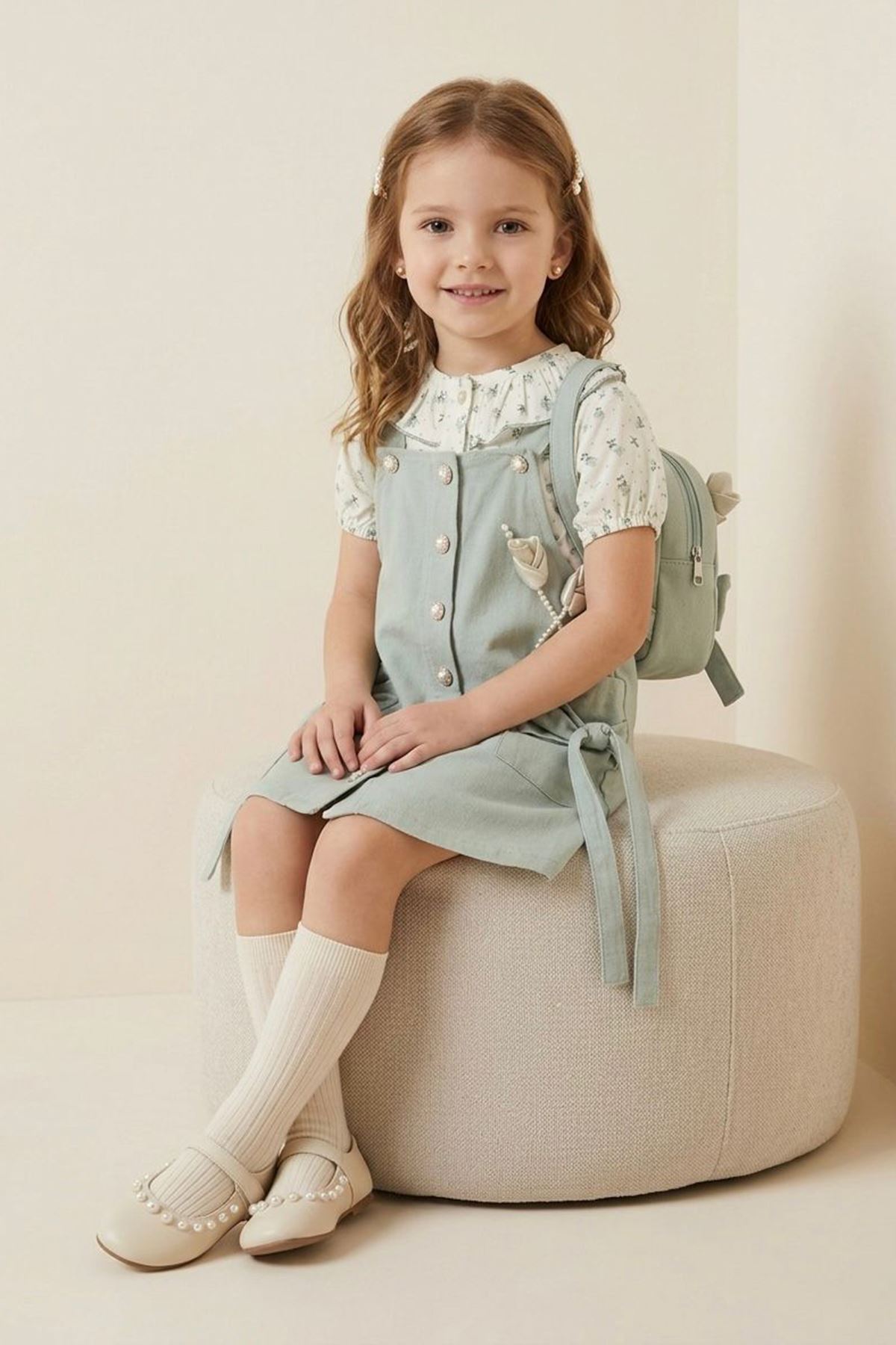 Miniğimin Cicileri Vintage Gül Detaylı Salopet Elbiseli Çantalı Kız Çocuk 3’lü Takım - Su Yeşili
