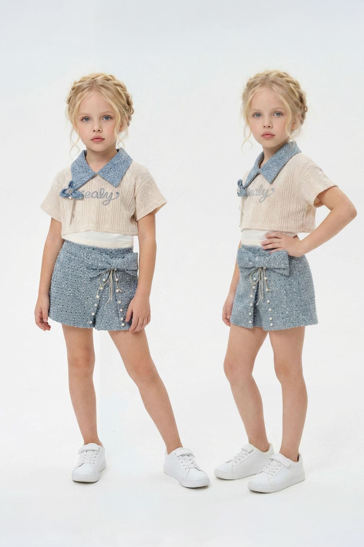 Miniğimin Cicileri Sealy Yaka Detaylı Taşlı Şort Etekli Kız Çocuk 2’li Takım - Açık Mavi