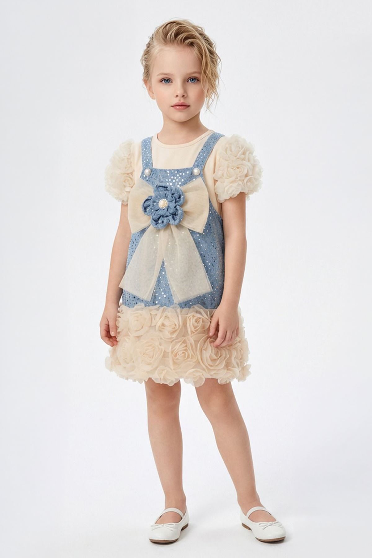 Miniğimin Cicileri Sealy Çiçek Aplikeli Fiyonk Detaylı Tül Etekli Kız Çocuk Elbise - Açık Mavi