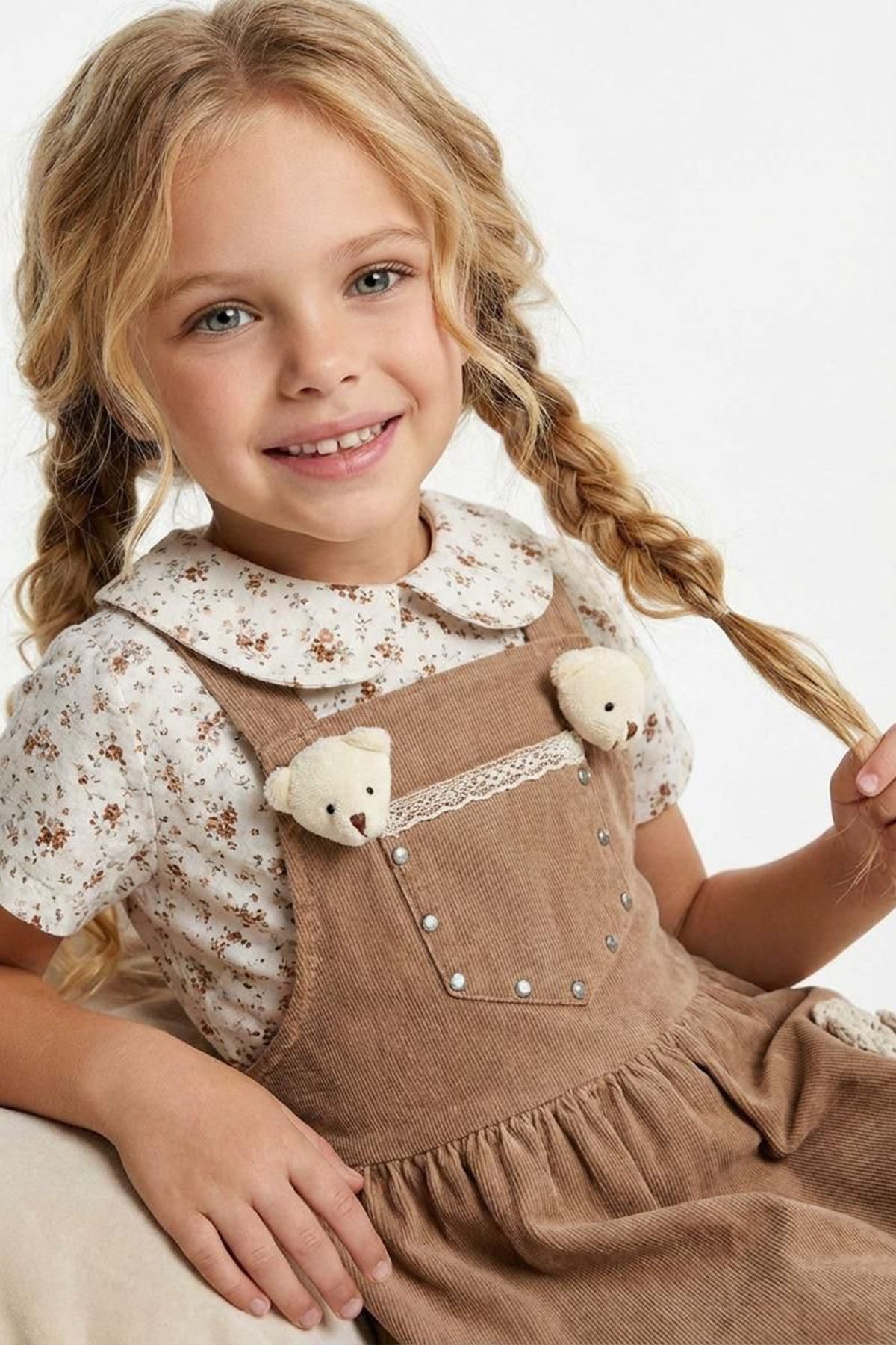 Miniğimin Cicileri Ayıcık Gül Aplikeli Salopet Elbiseli Kız Çocuk 2’li Takım - Kahverengi