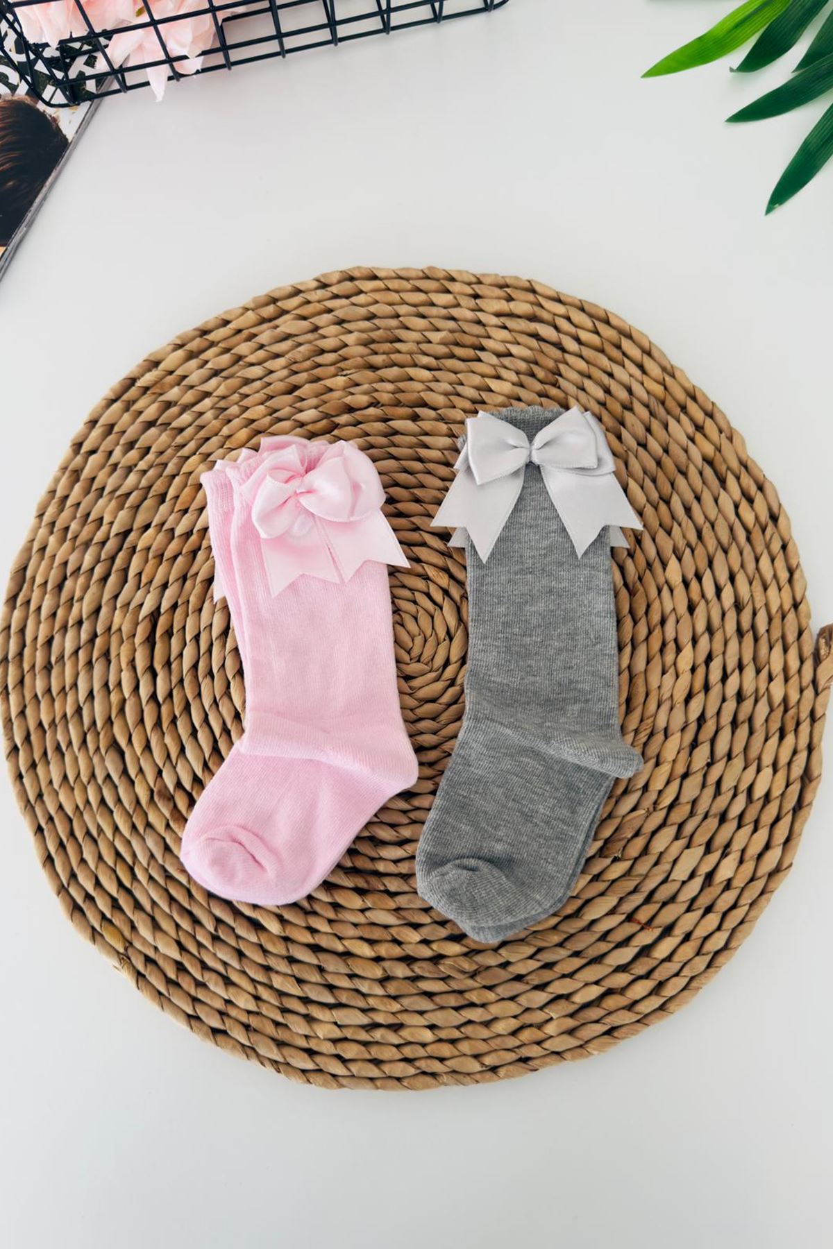 Miniğimin Cicileri Fiyonk Detaylı Dizaltı Kız Çocuk Çorap 2li paket - Pembe - Gri
