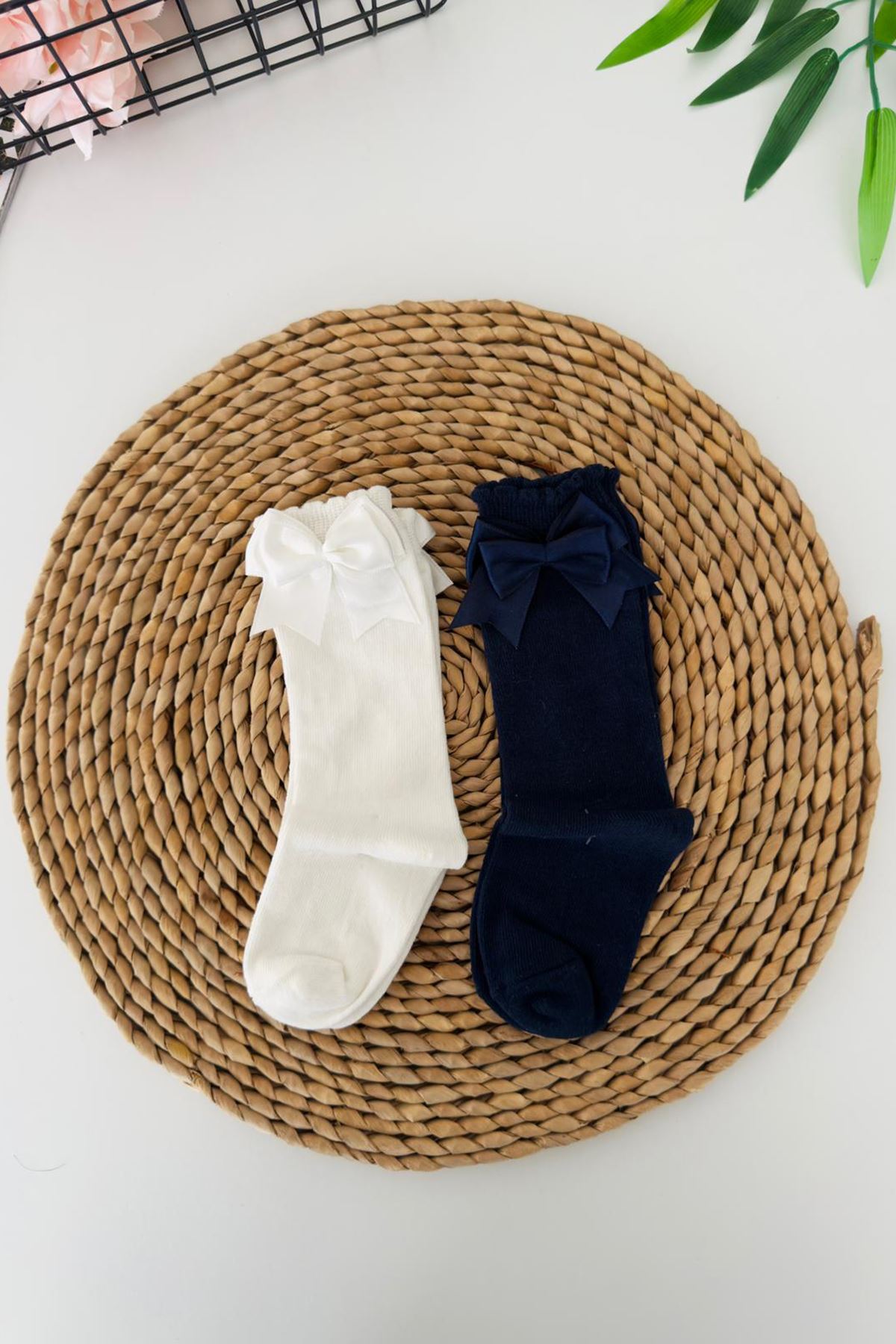 Miniğimin Cicileri Fiyonk Detaylı Dizaltı Kız Çocuk Çorap 2li paket - Krem - Lacivert