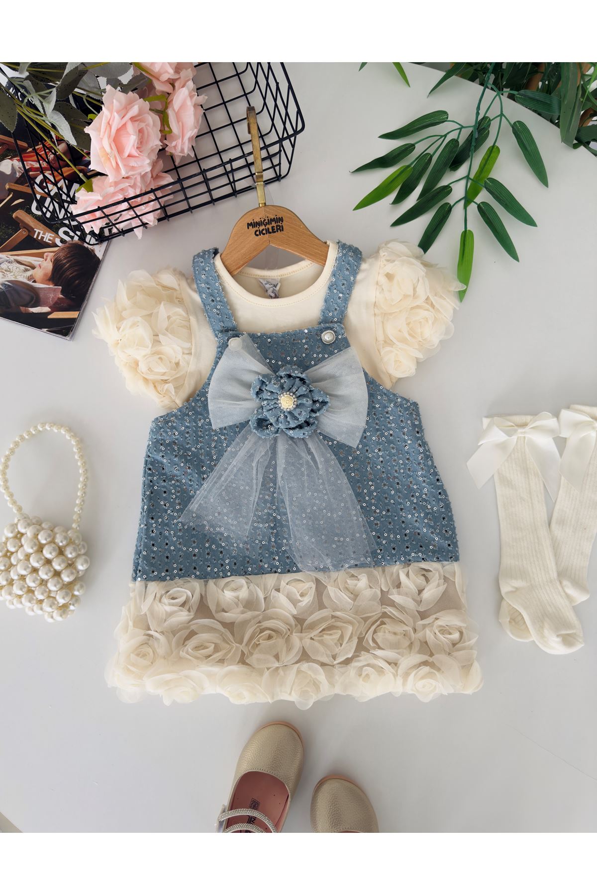 Miniğimin Cicileri Sealy Çiçek Aplikeli Fiyonk Detaylı Tül Etekli Kız Çocuk Elbise - Açık Mavi