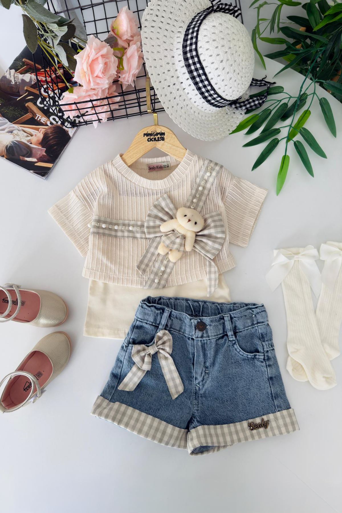 Minigimin Cicileri Ayıcık Detaylı Kot Şortlu Kız Çocuk 3 lü Takım - Yeşil