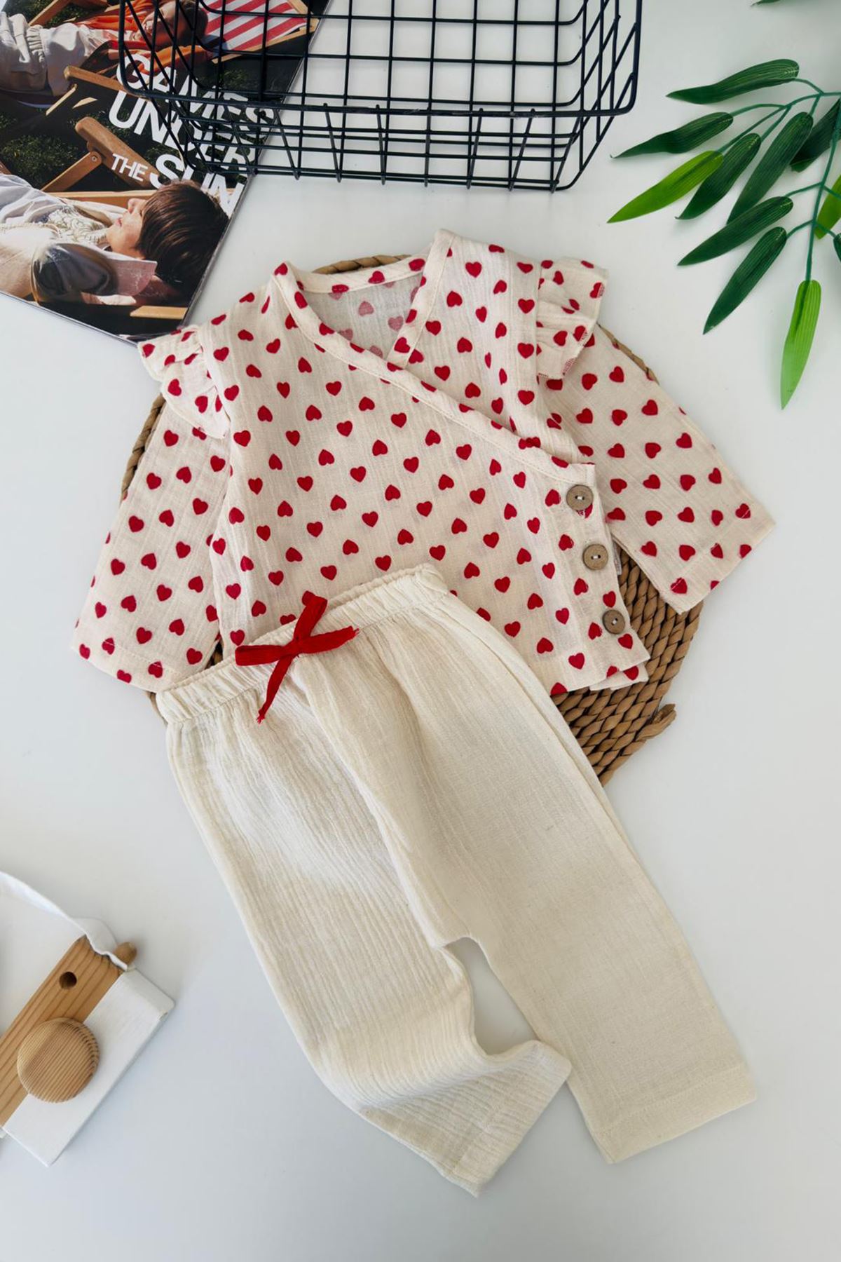 Miniğimin Cicileri Kalp Baskılı Müslin Kız Bebek 2 li Takım - Kırmızı