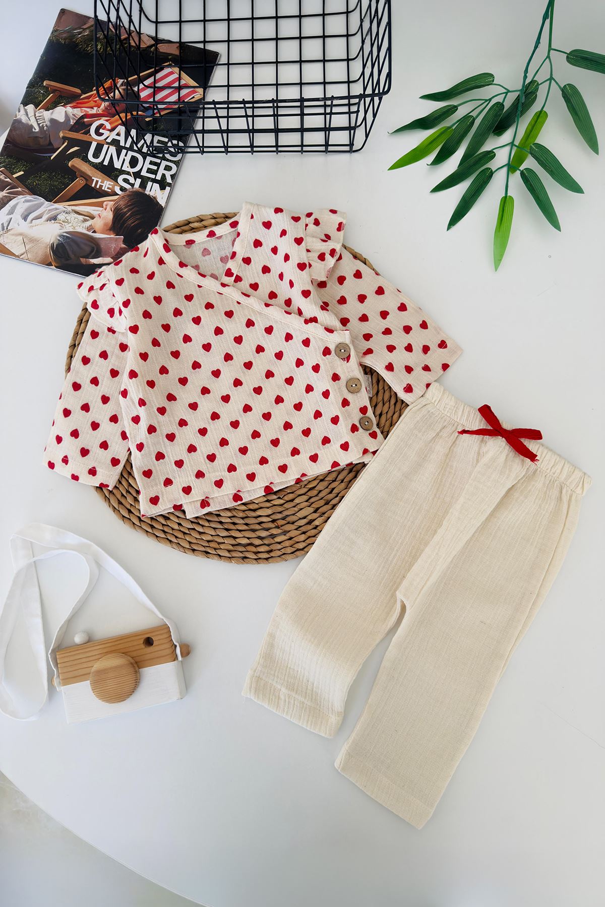 Miniğimin Cicileri Kalp Baskılı Müslin Kız Bebek 2 li Takım - Kırmızı