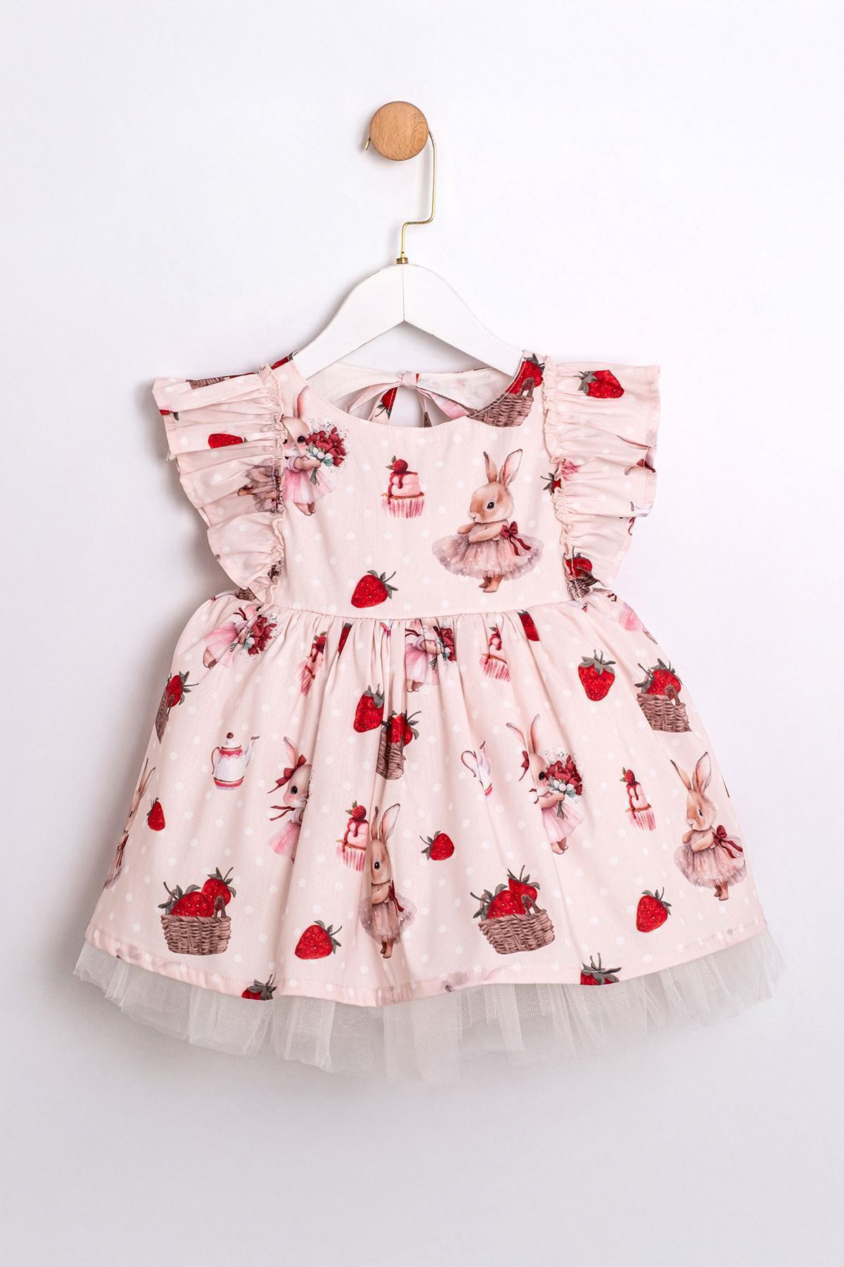 Miniğimin Cicileri Çilek Desenli Sırt Detaylı Tül Etekli Fırfır Kollu Kız Çocuk Elbise - Pudra