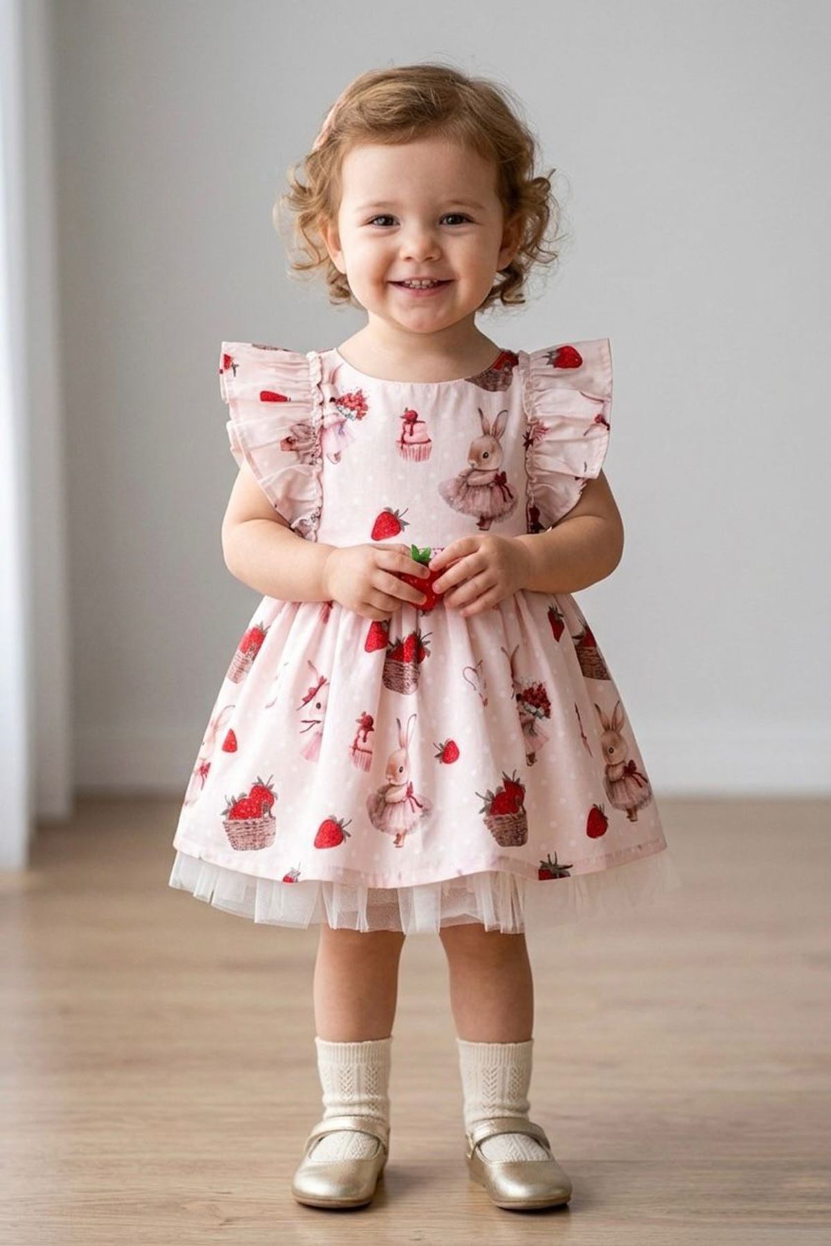 Miniğimin Cicileri Çilek Desenli Sırt Detaylı Tül Etekli Fırfır Kollu Kız Çocuk Elbise - Pudra