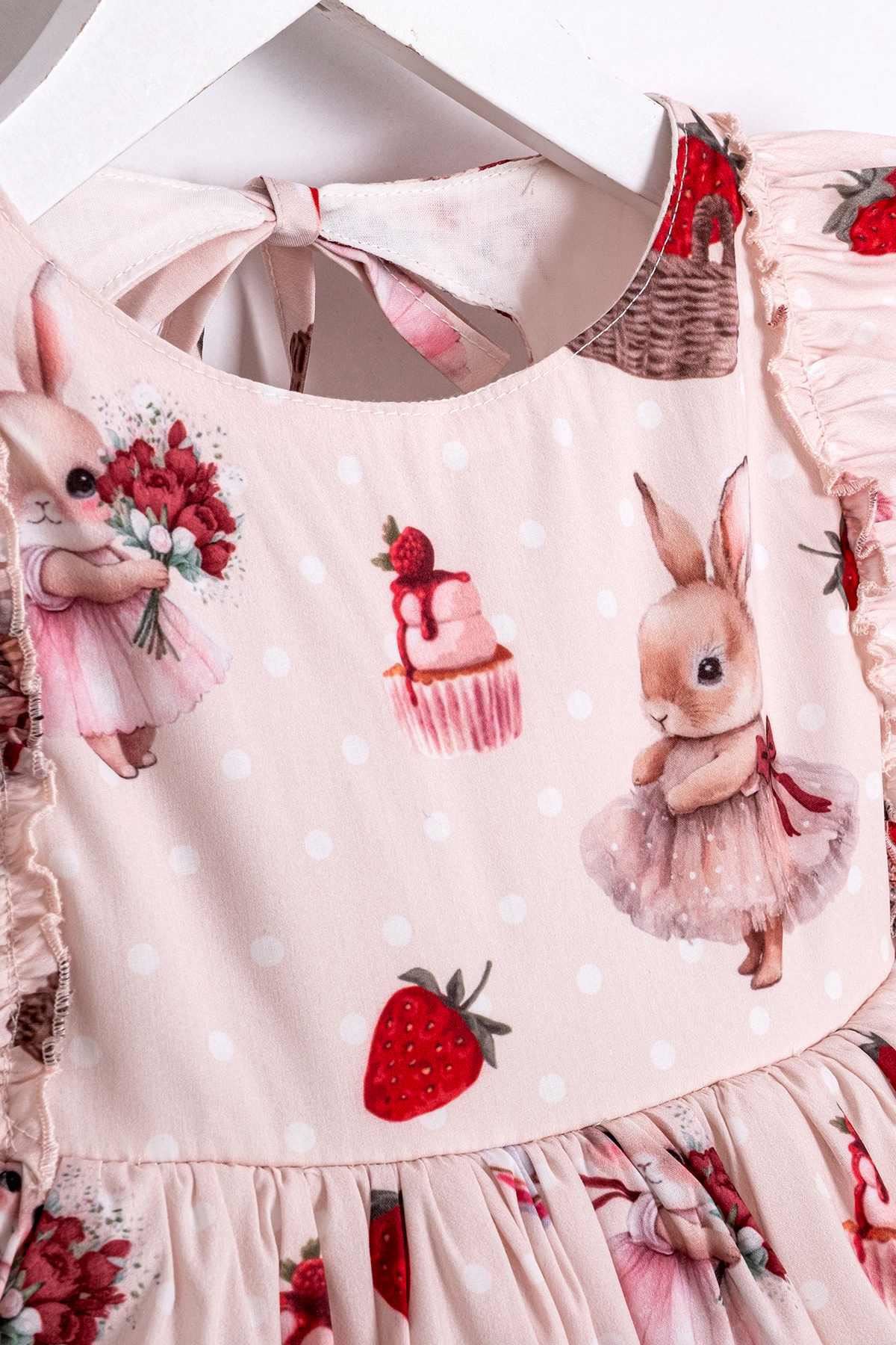 Miniğimin Cicileri Çilek Desenli Sırt Detaylı Tül Etekli Fırfır Kollu Kız Çocuk Elbise - Pudra