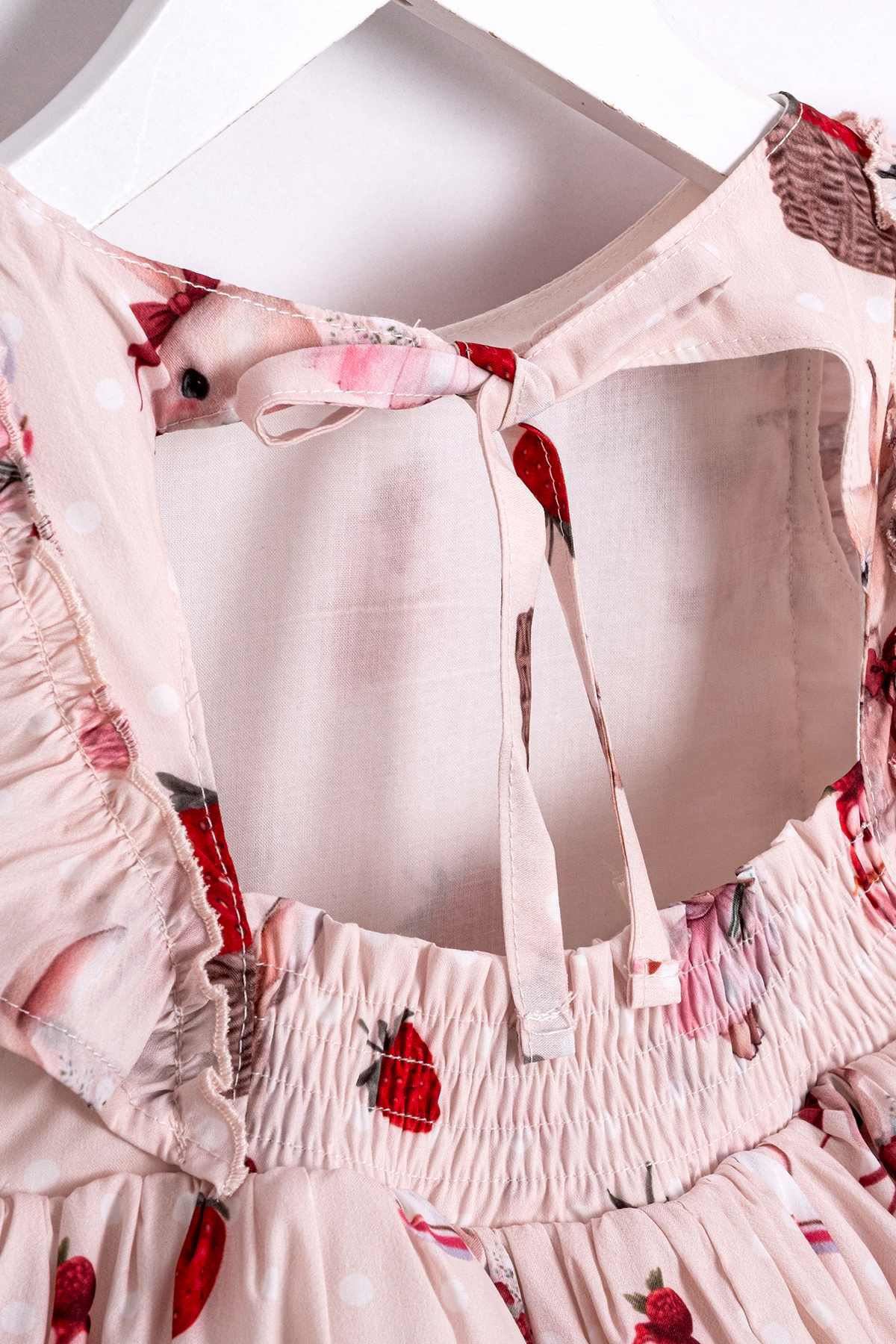 Miniğimin Cicileri Çilek Desenli Sırt Detaylı Tül Etekli Fırfır Kollu Kız Çocuk Elbise - Pudra