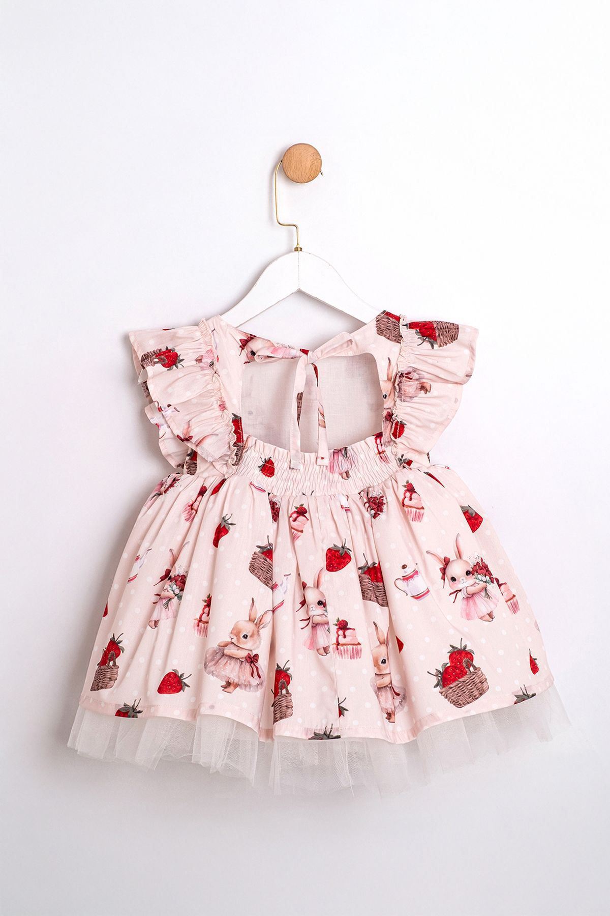 Miniğimin Cicileri Çilek Desenli Sırt Detaylı Tül Etekli Fırfır Kollu Kız Çocuk Elbise - Pudra
