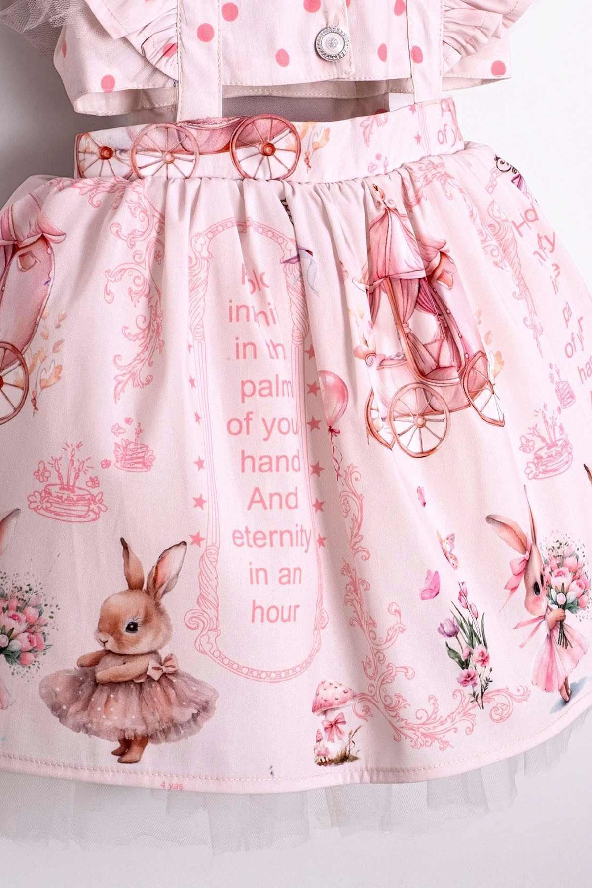 Miniğimin Cicileri Puantiye Desenli Sırt Askı Detaylı Tül Etekli Kız Çocuk Elbise - Pudra